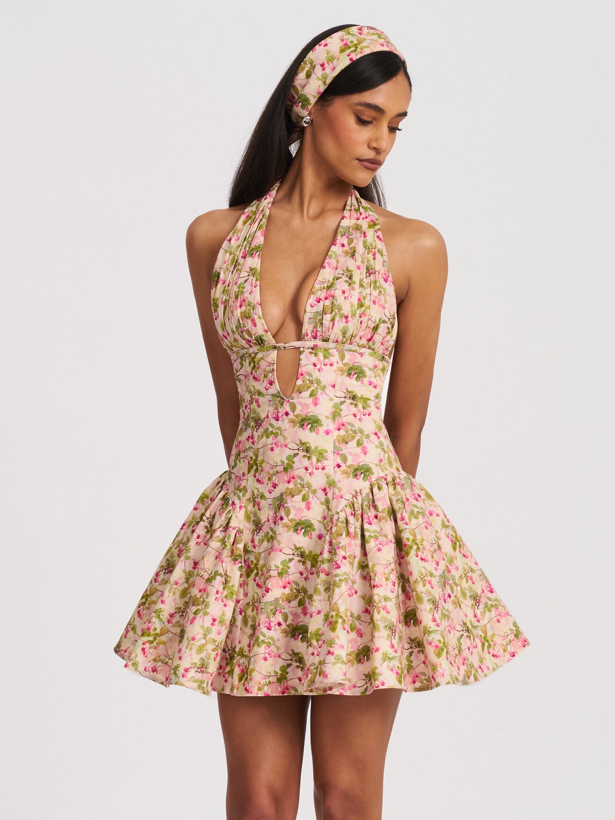 Spring Affair Green and Pink Floral Print Linen Head Scarf