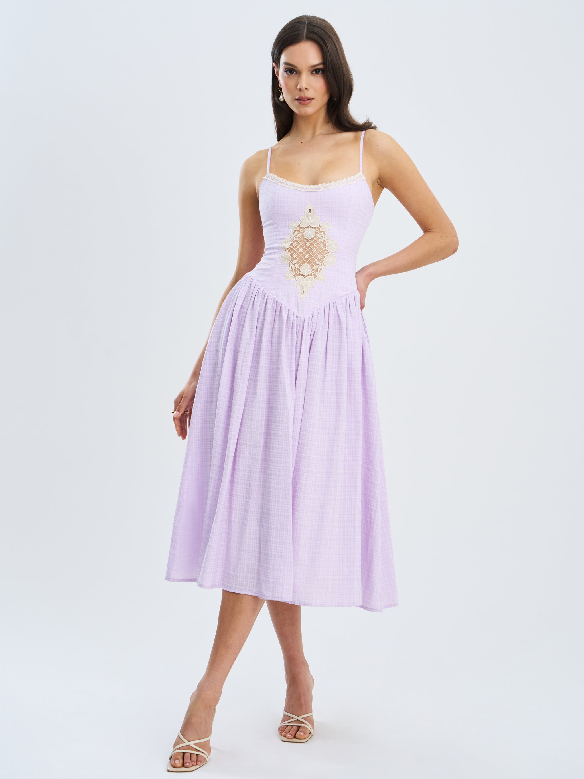 Lavender Check Seersucker Dress With Ruffle Neckline