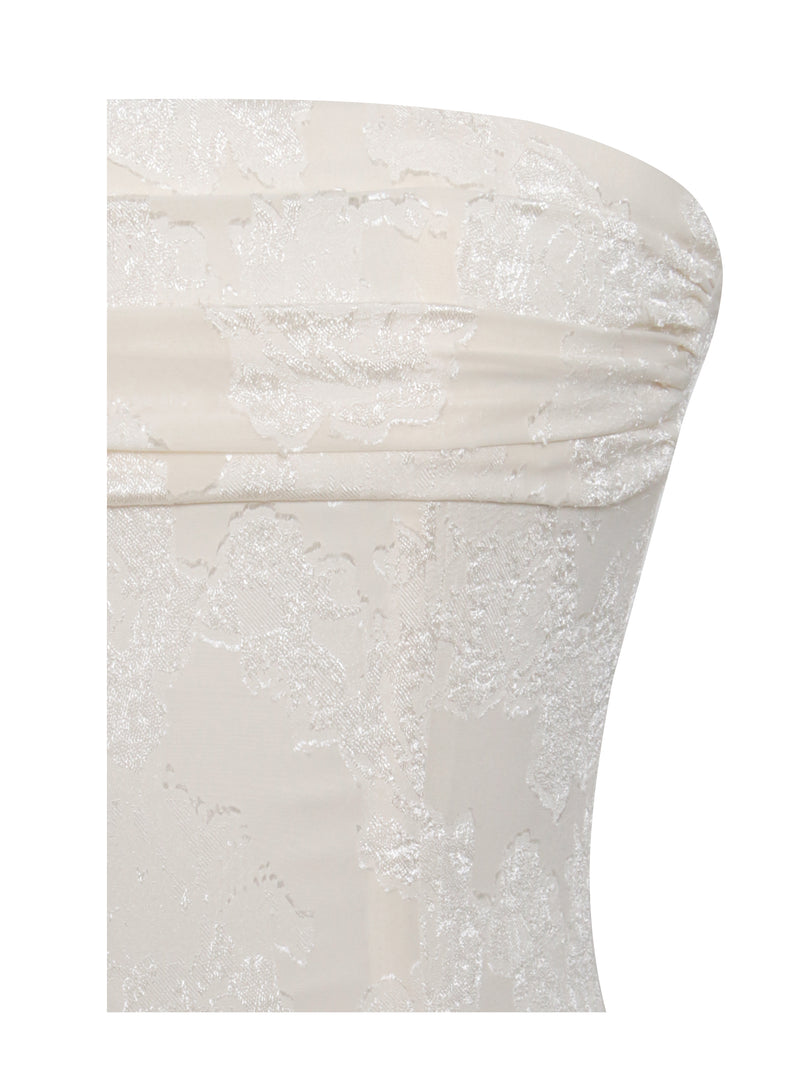 Xatia Off White Jacquard Textured High Slit Maxi Dress