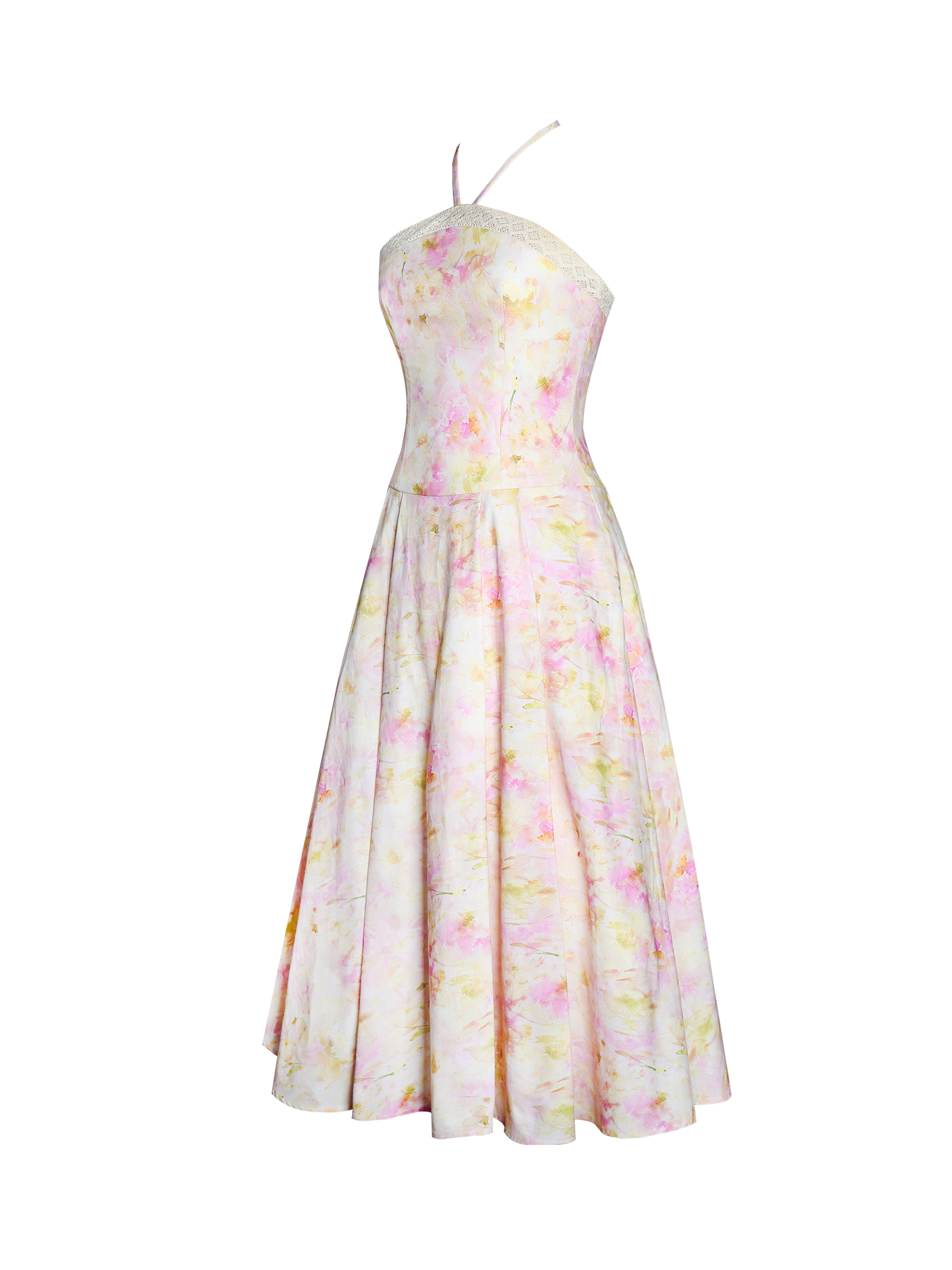 Zaina Yellow Pink Floral Print Lace Trim Linen Midi Dress