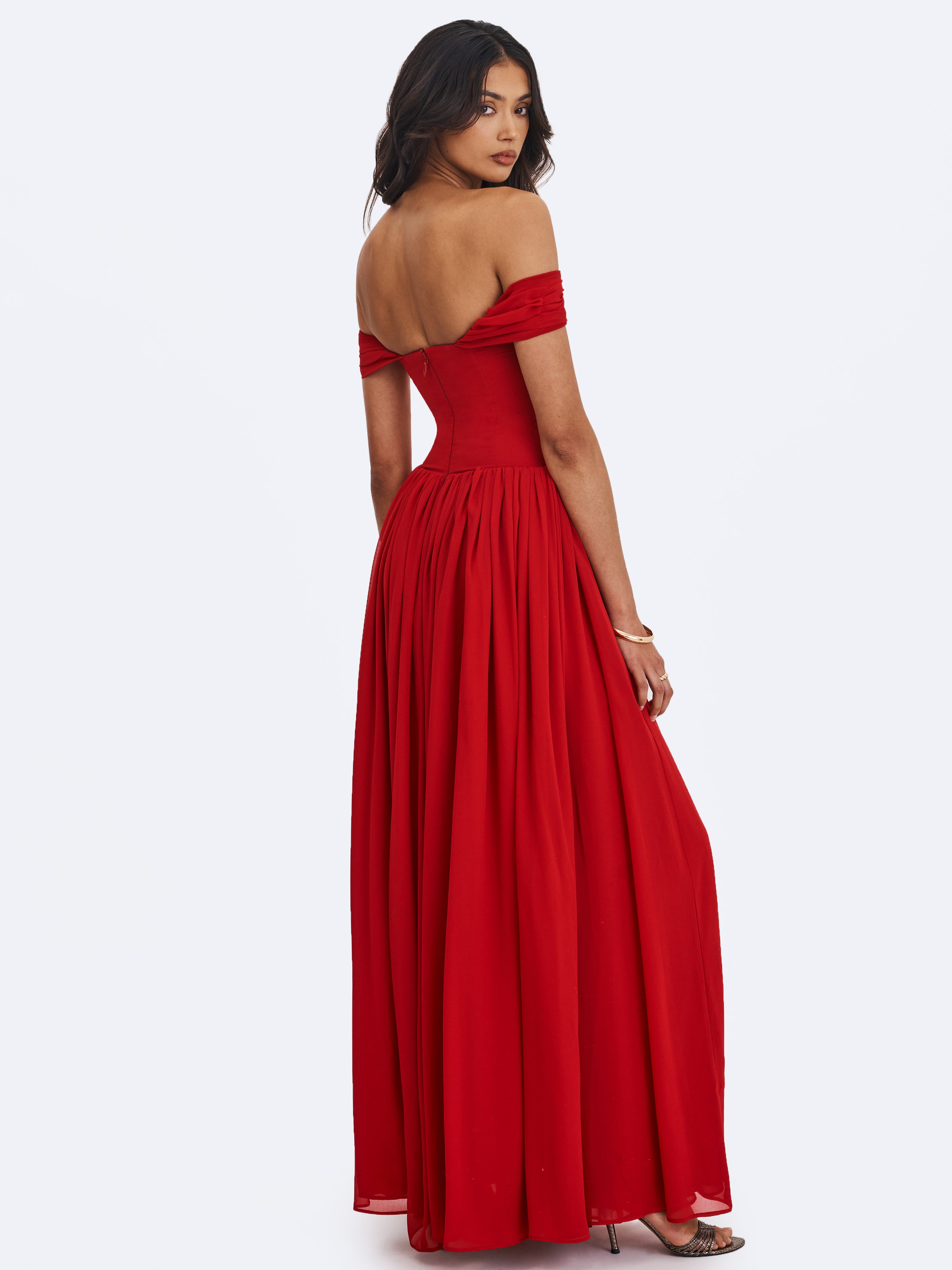 Tereza Crimson Georgette Bardot High-Slit Maxi Dress