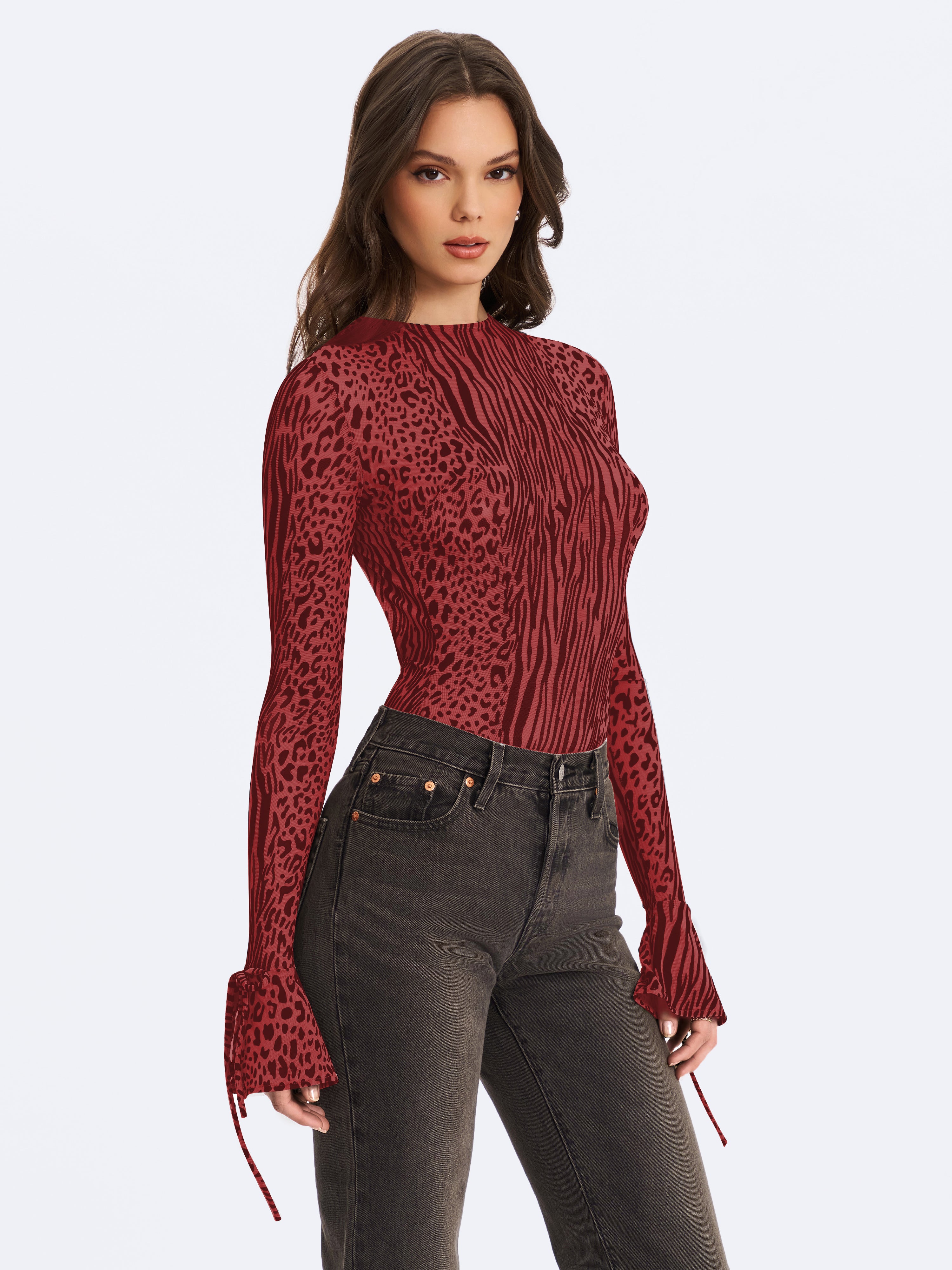 Ibera Burgundy Animal Print Burnout Velvet Long Sleeve Bodysuit