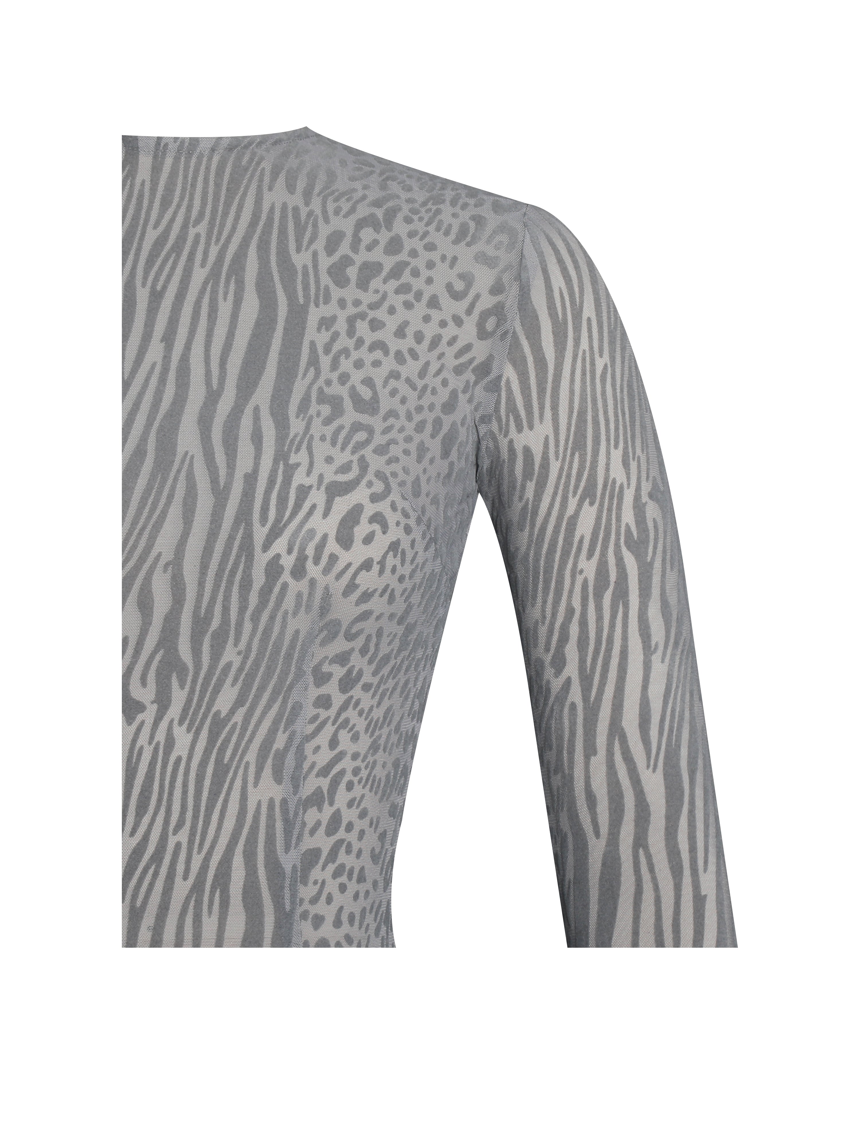 Waylynn Gray Animal Print Burnout Velvet Detail Mesh Backless Maxi Dress