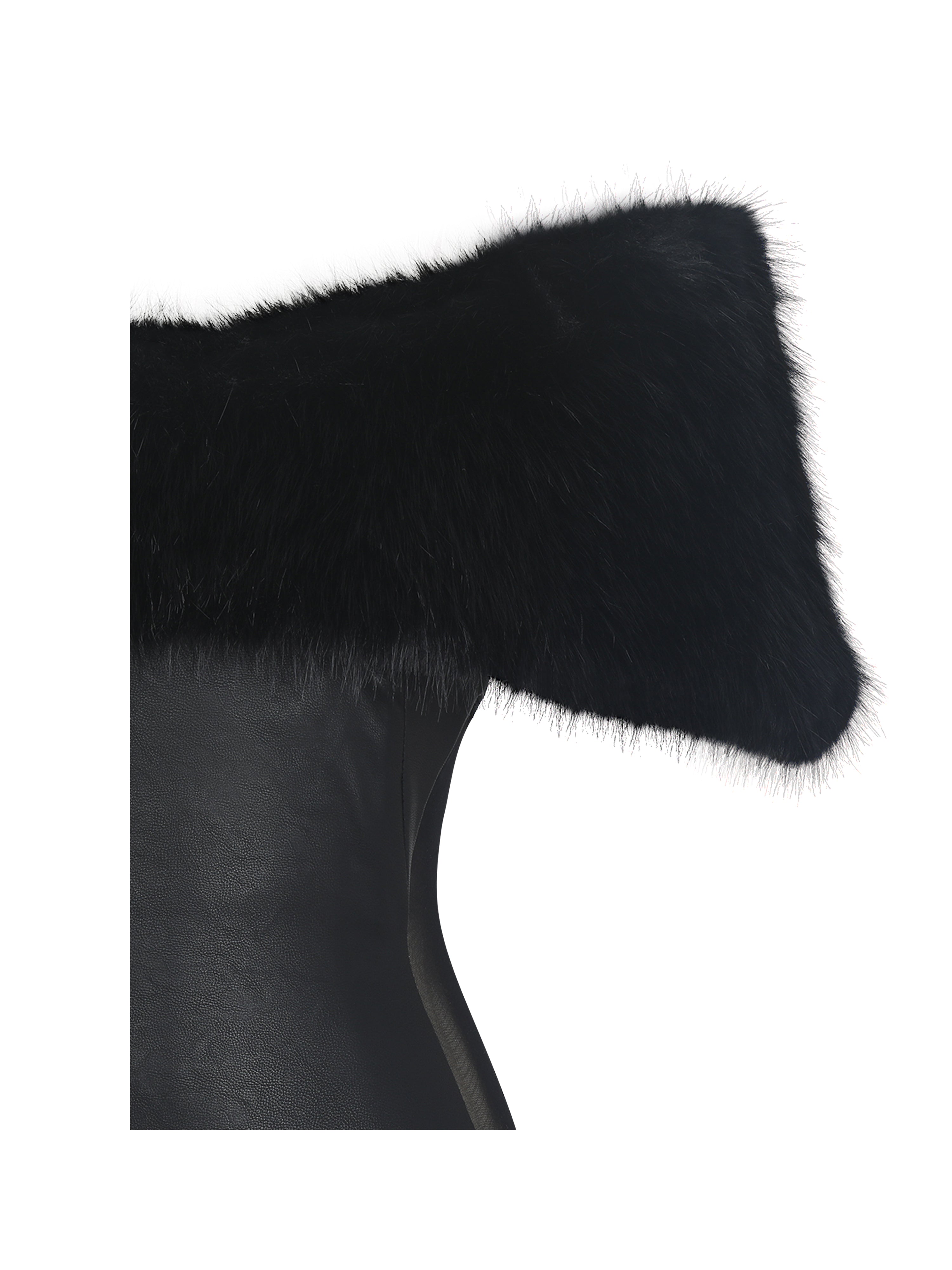 Bellis Black Fur Trim Mesh Panel Off-Shoulder Midi Dress