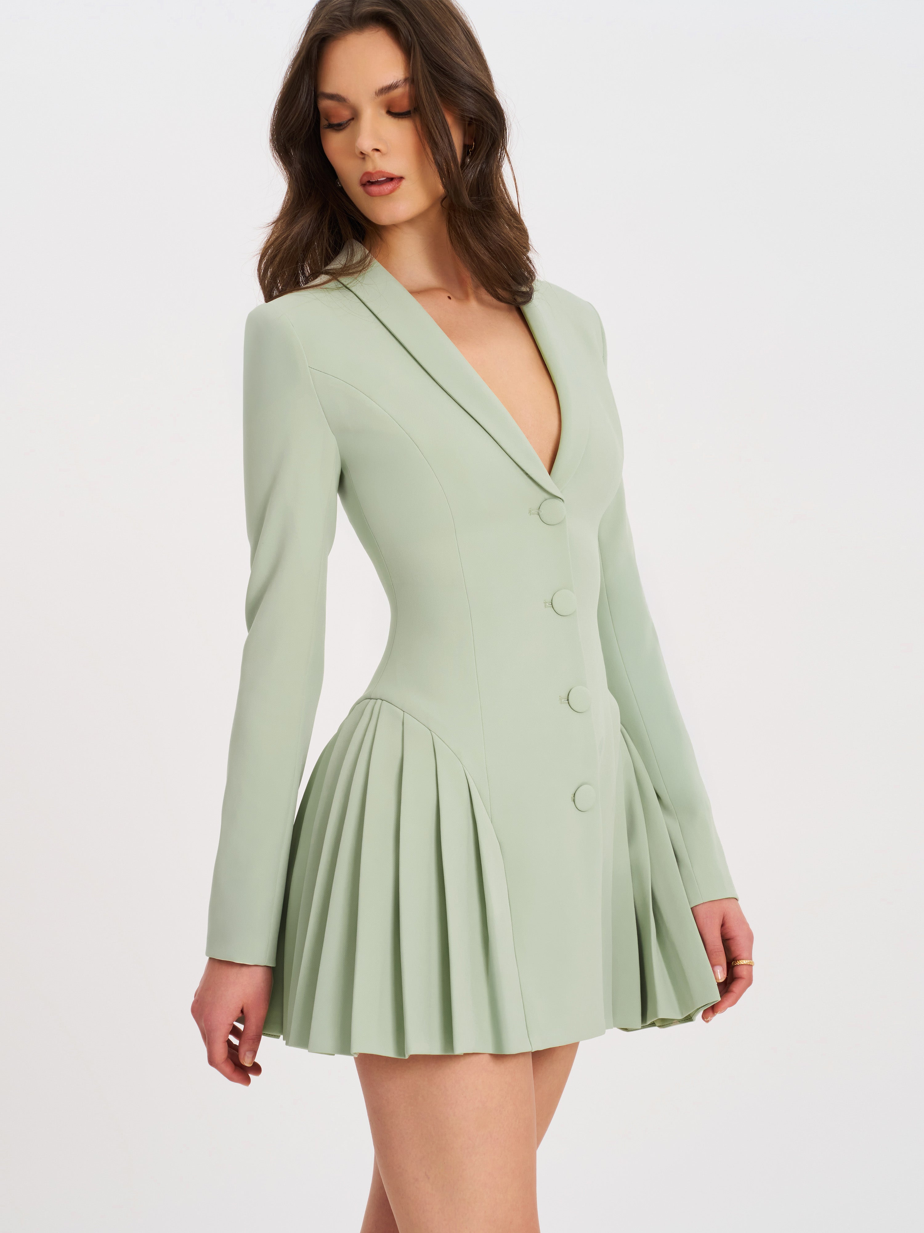 Delia Pistachio Green Blazer Dress with Pleated Detail