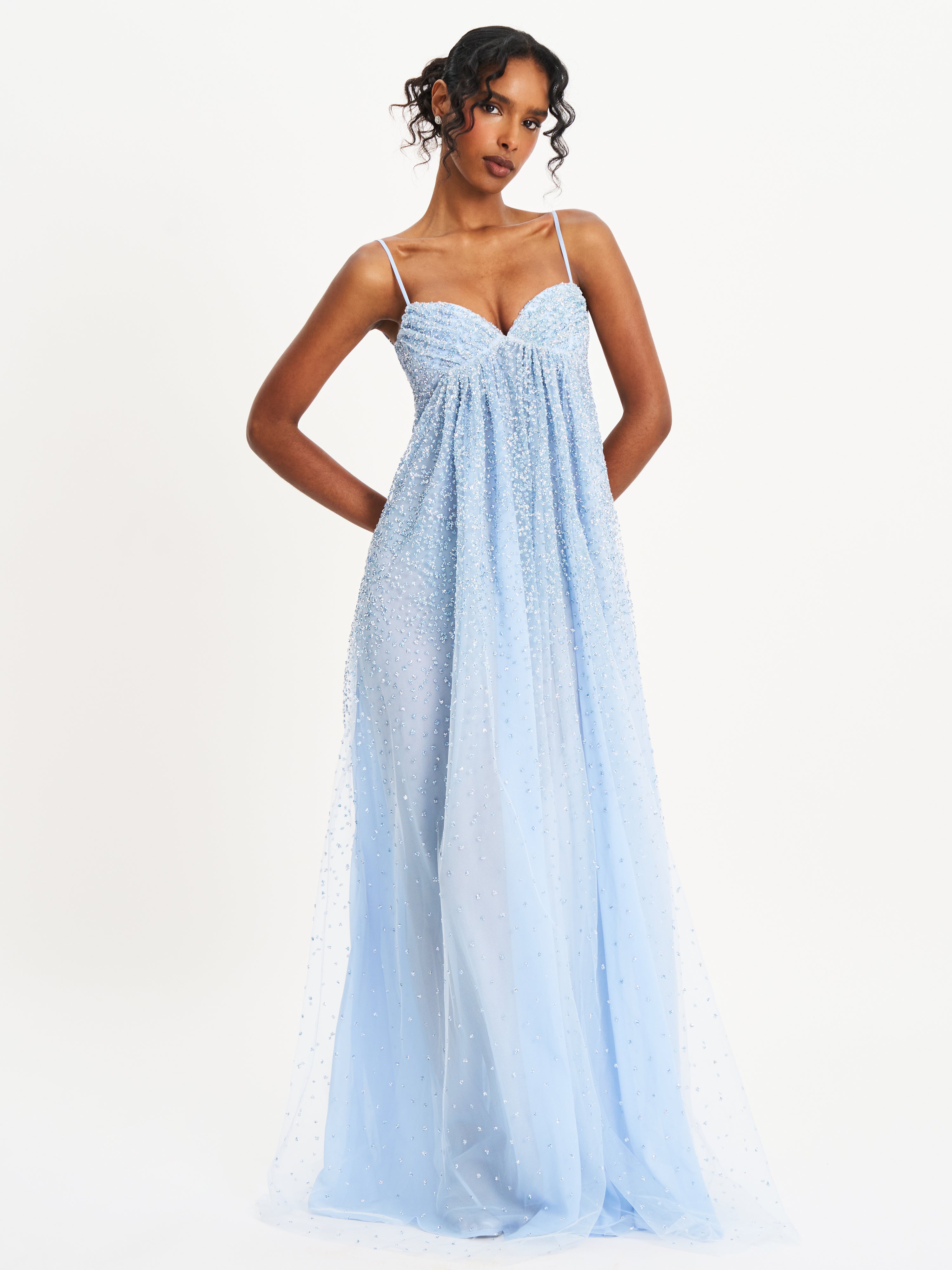 Wallie Baby Blue Rhinestone Embellished Mesh Backless Gown