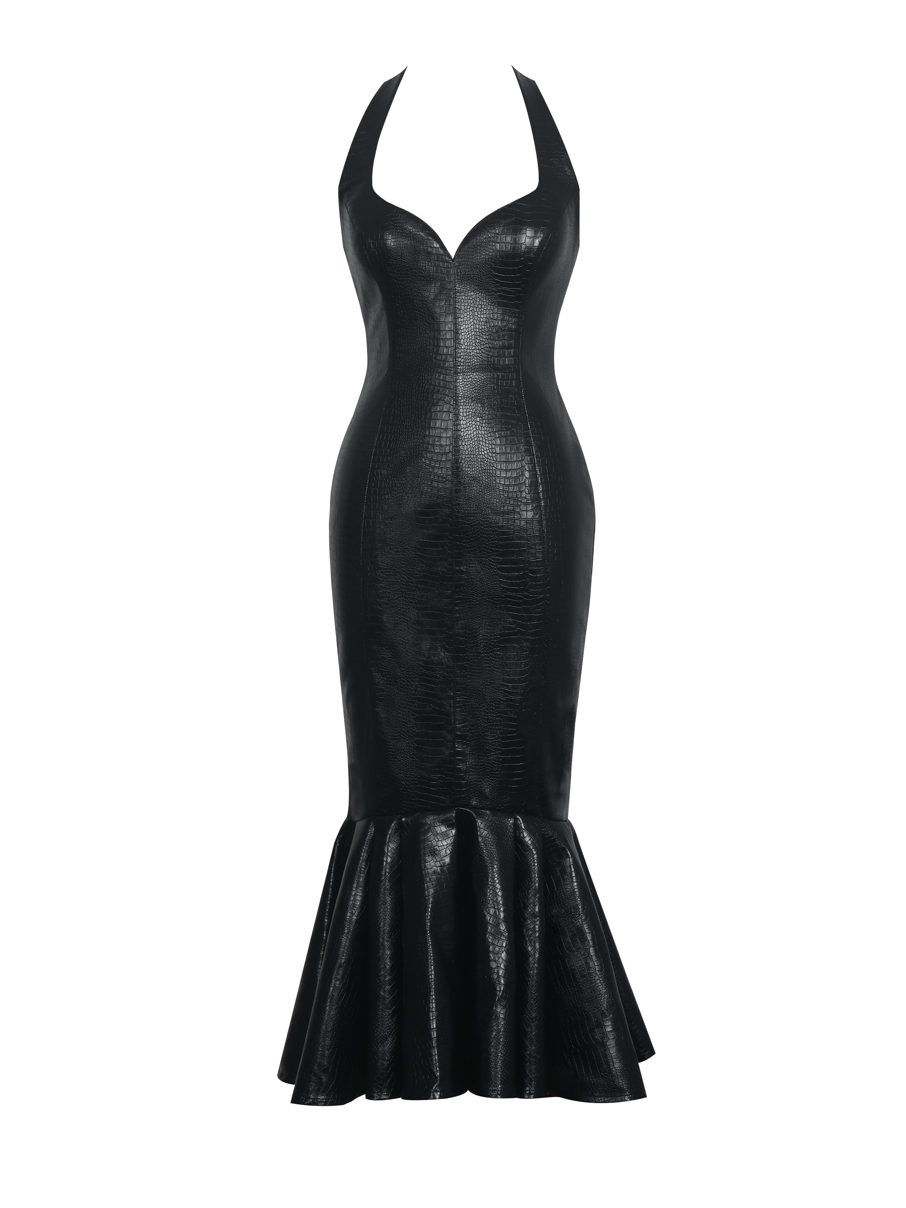 Gardenia Black Leather Midi Sweetheart Halter Flared Dress