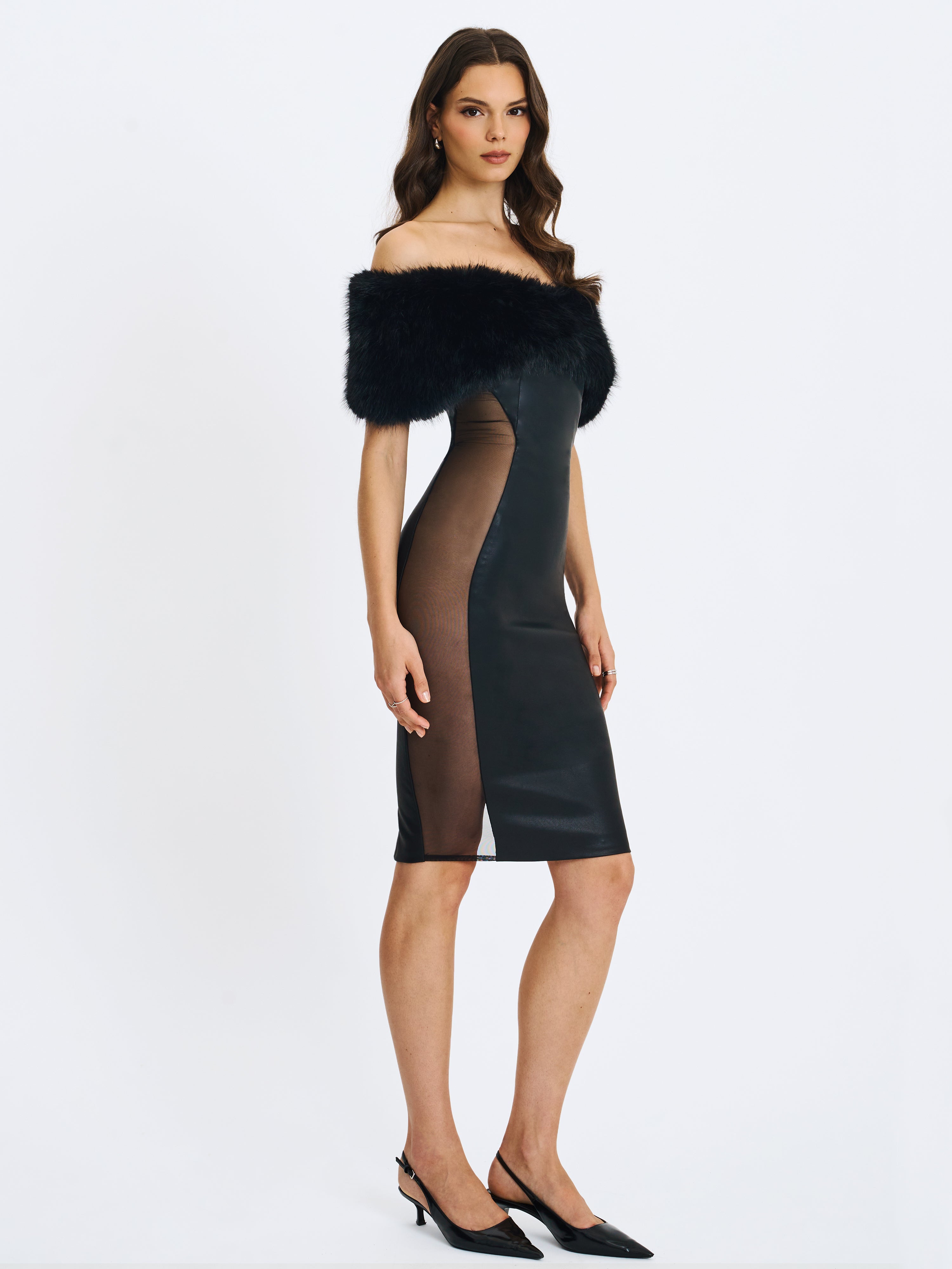 Bellis Black Fur Trim Mesh Panel Off-Shoulder Midi Dress