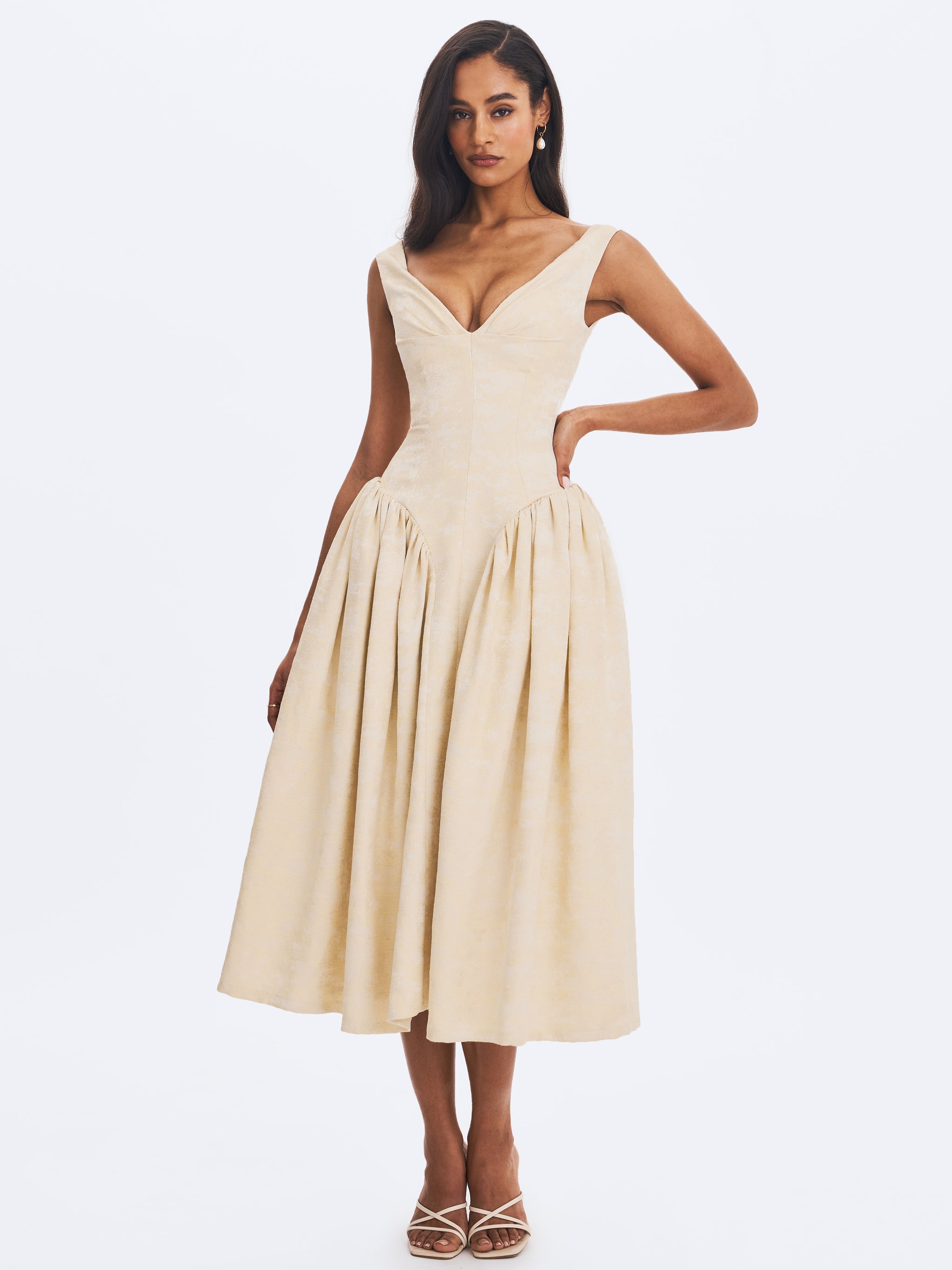 Chelsea Ivory Jacquard Ruched Bust Sweetheart Midi Dress L / US 8-10