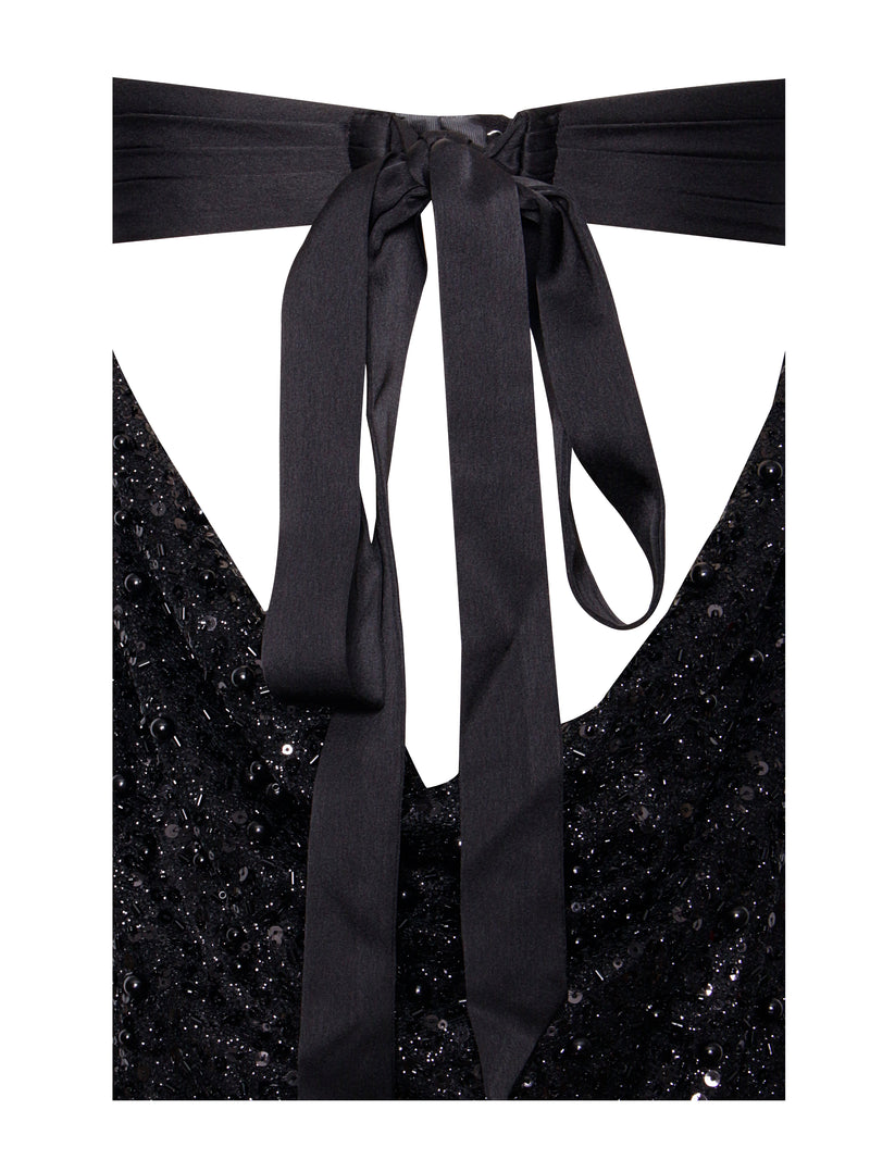 Felina Black Satin Sequin Pearls Beaded Mini Dress