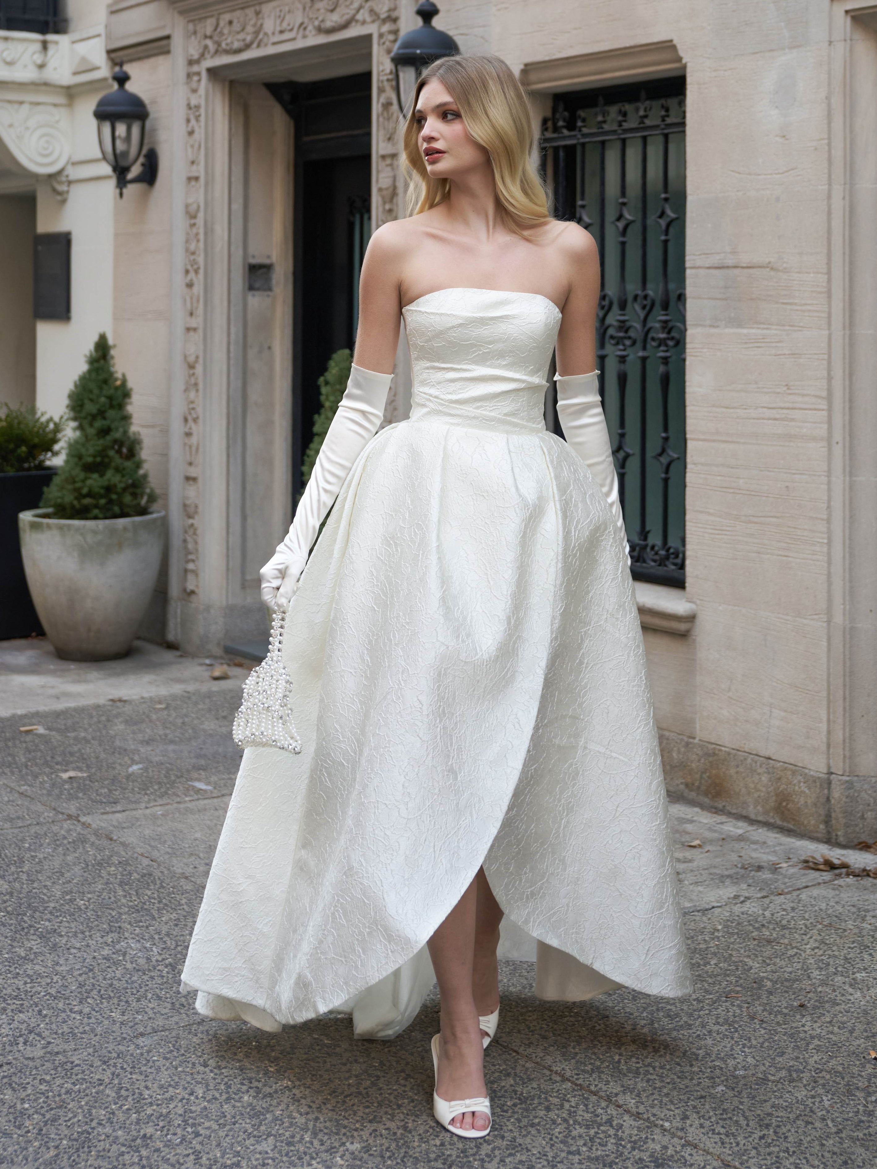 Tomika Ivory Jacquard Dipped Hem Wedding Gown (PREORDER)