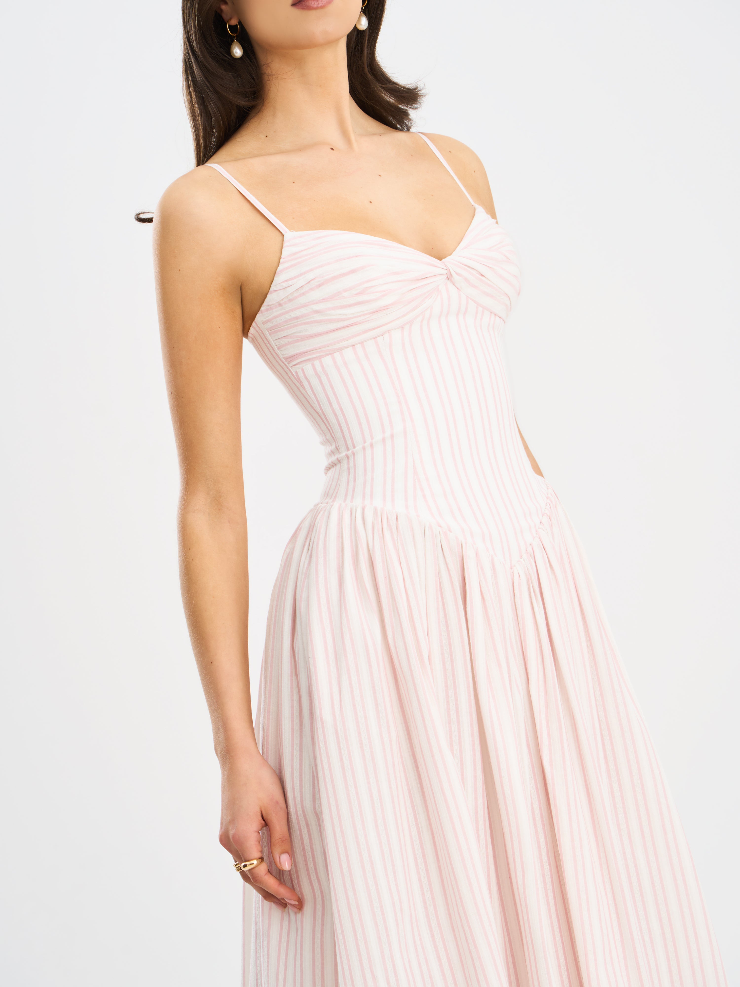 Zania Pink Stripe Ruched Breast Cotton Jacquard Midi Dress
