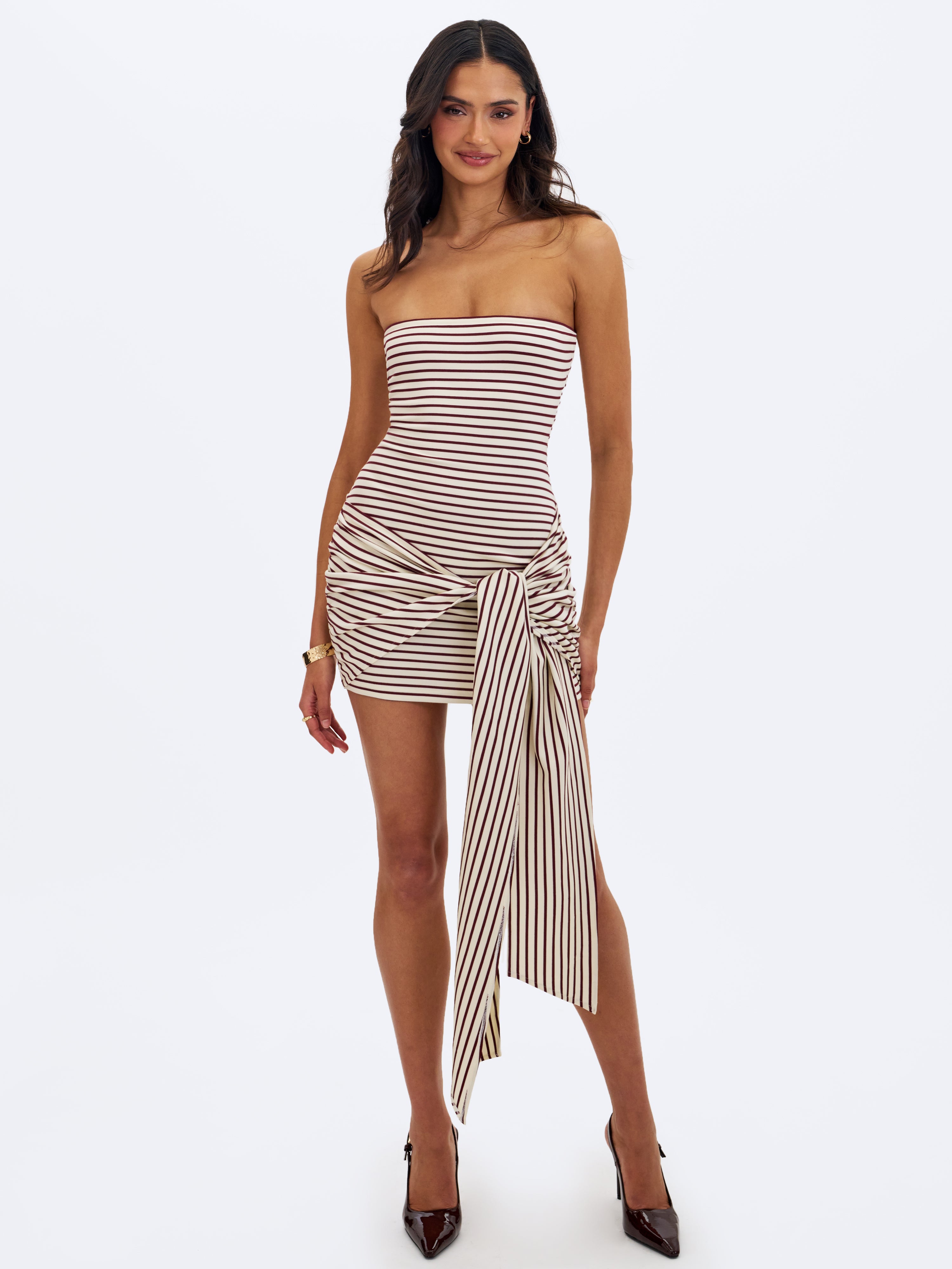 Tommie Ivory & Burgundy Lyocell Jersey Tie Strap Mini Dress