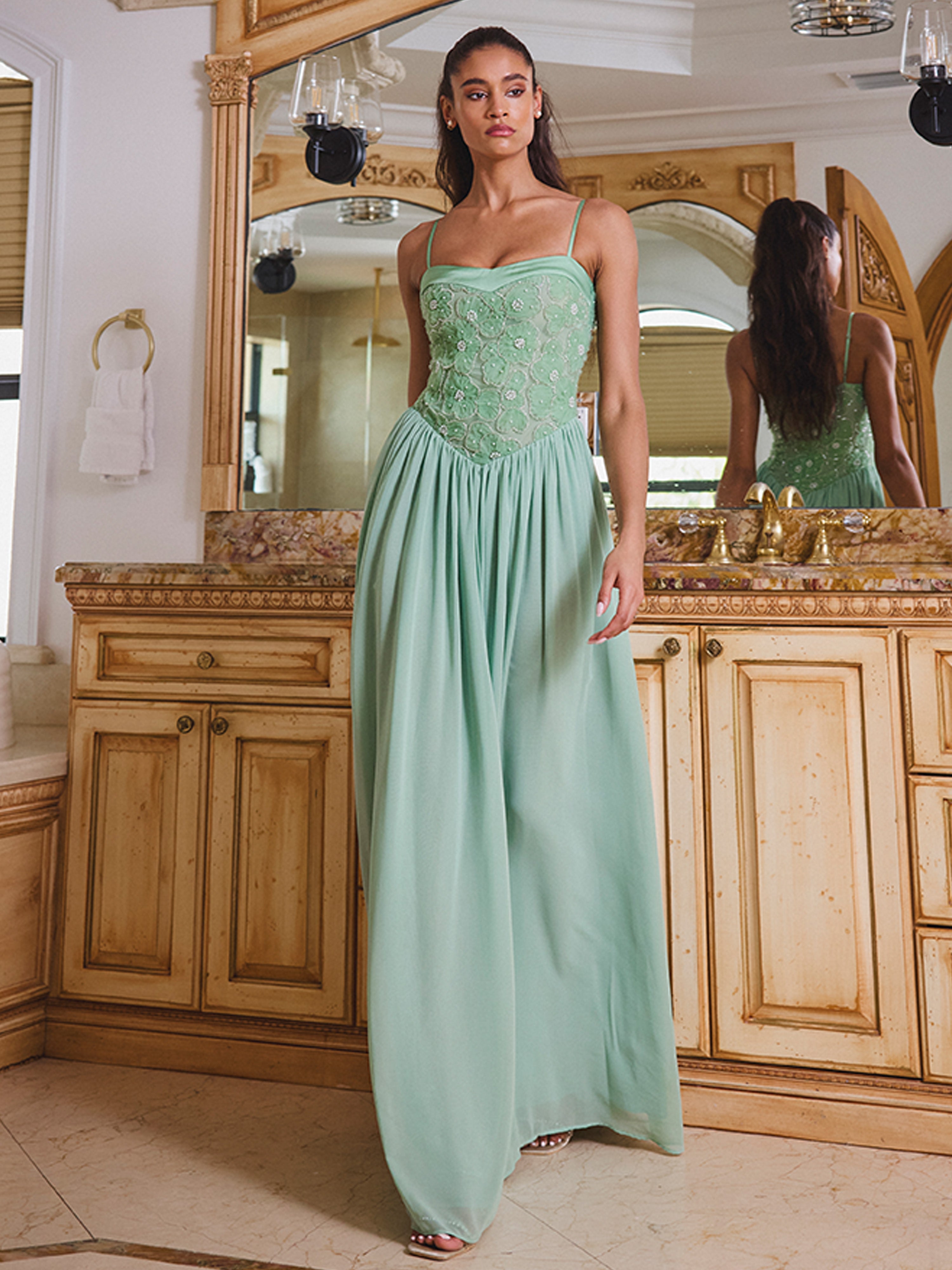 Ucille Sage Green Embroidered Chiffon Maxi Dress (Archive Sale)