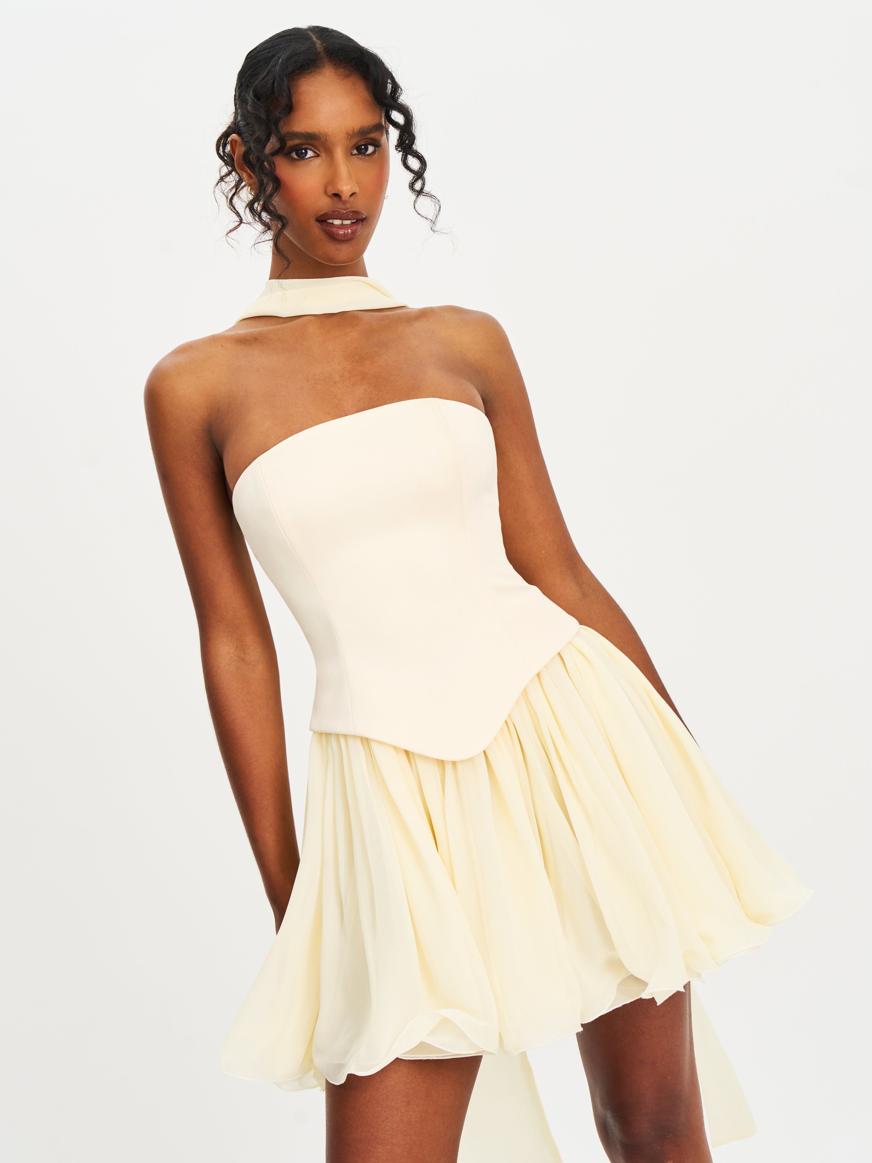 Valentina Butter Yellow Boned Curve Edge Peplum Mini Dress