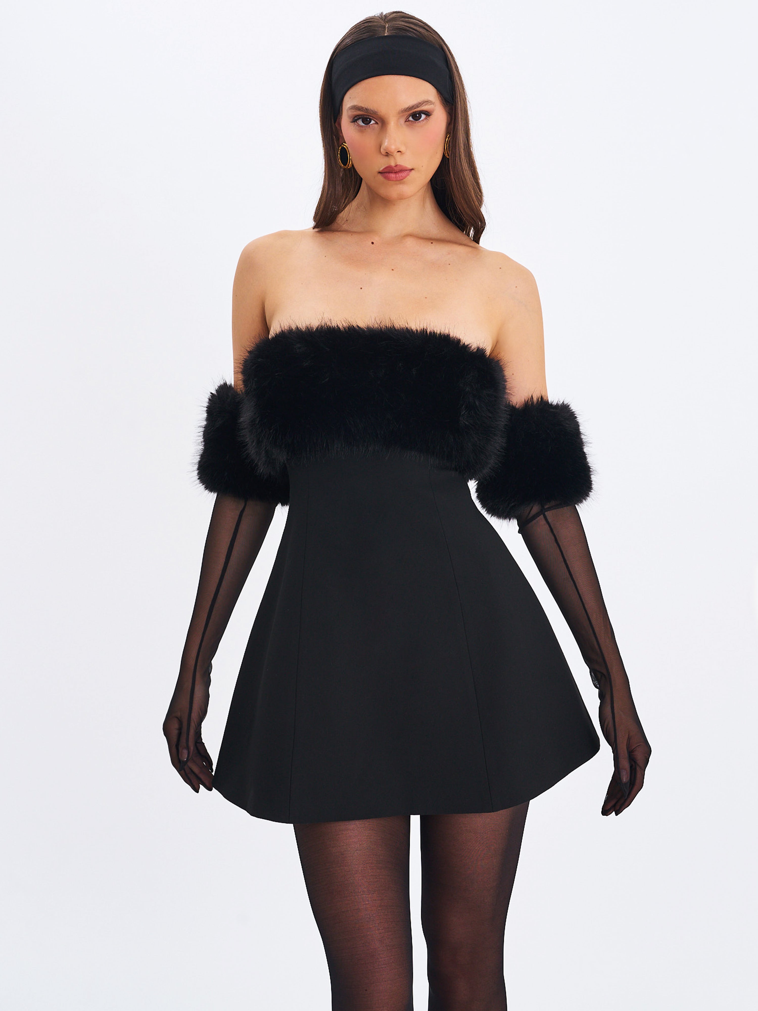 Evelyn Black Fur-Trimmed Mini A-Line Dress