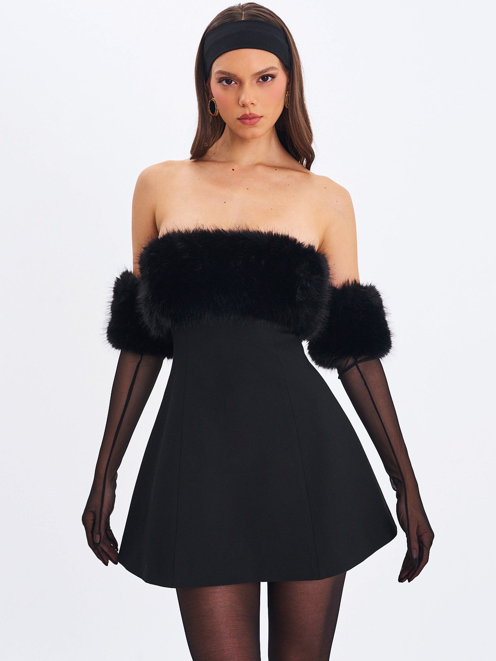 Miss Circle Women Evelyn Fur-Trimmed Mini A-Line Dress - Black Miss Circle Women Evelyn Fur-Trimmed Mini A-Line Dress - Black