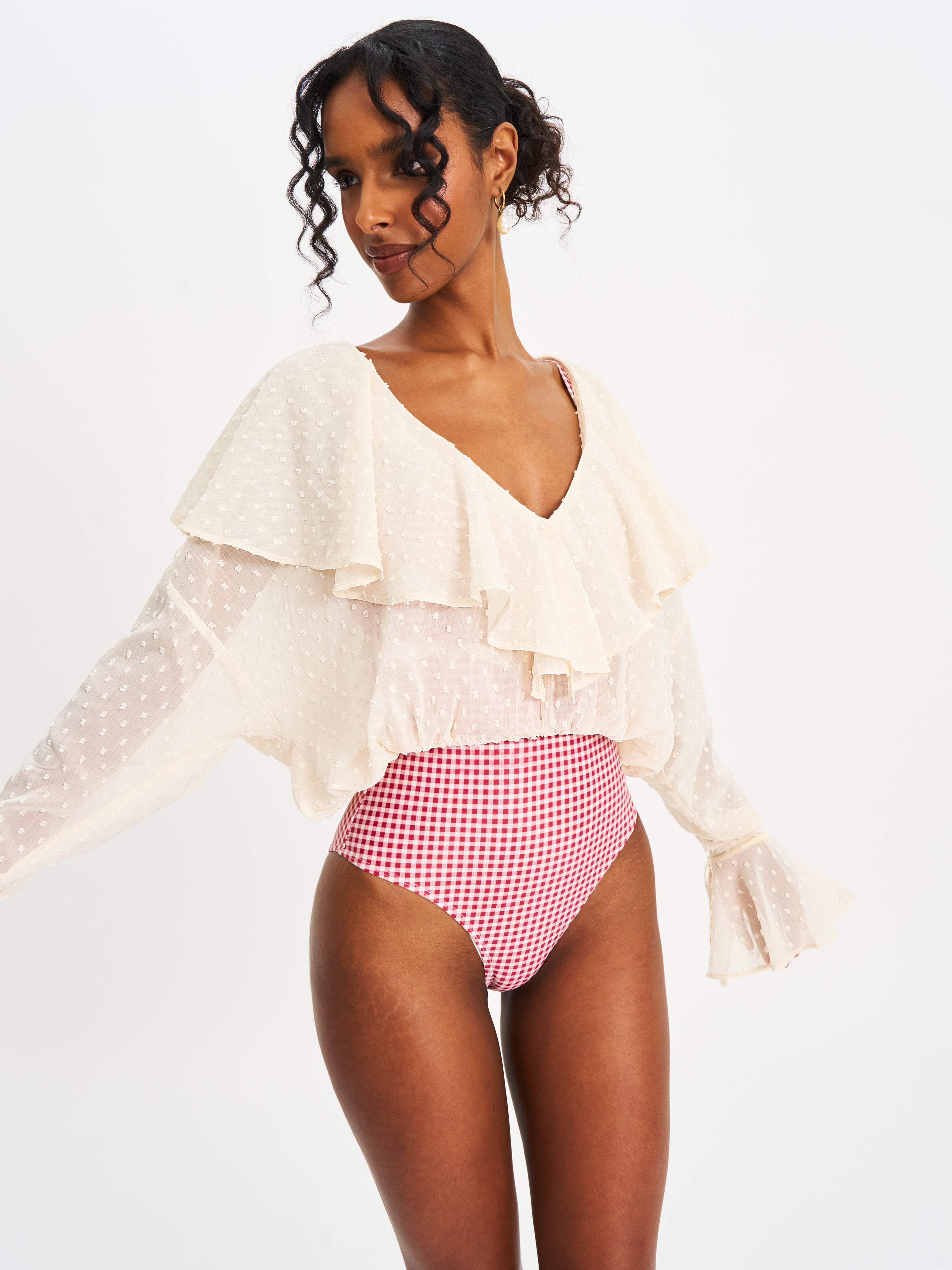 Magali Beige Dotted Mesh Ruffle V Collar Top