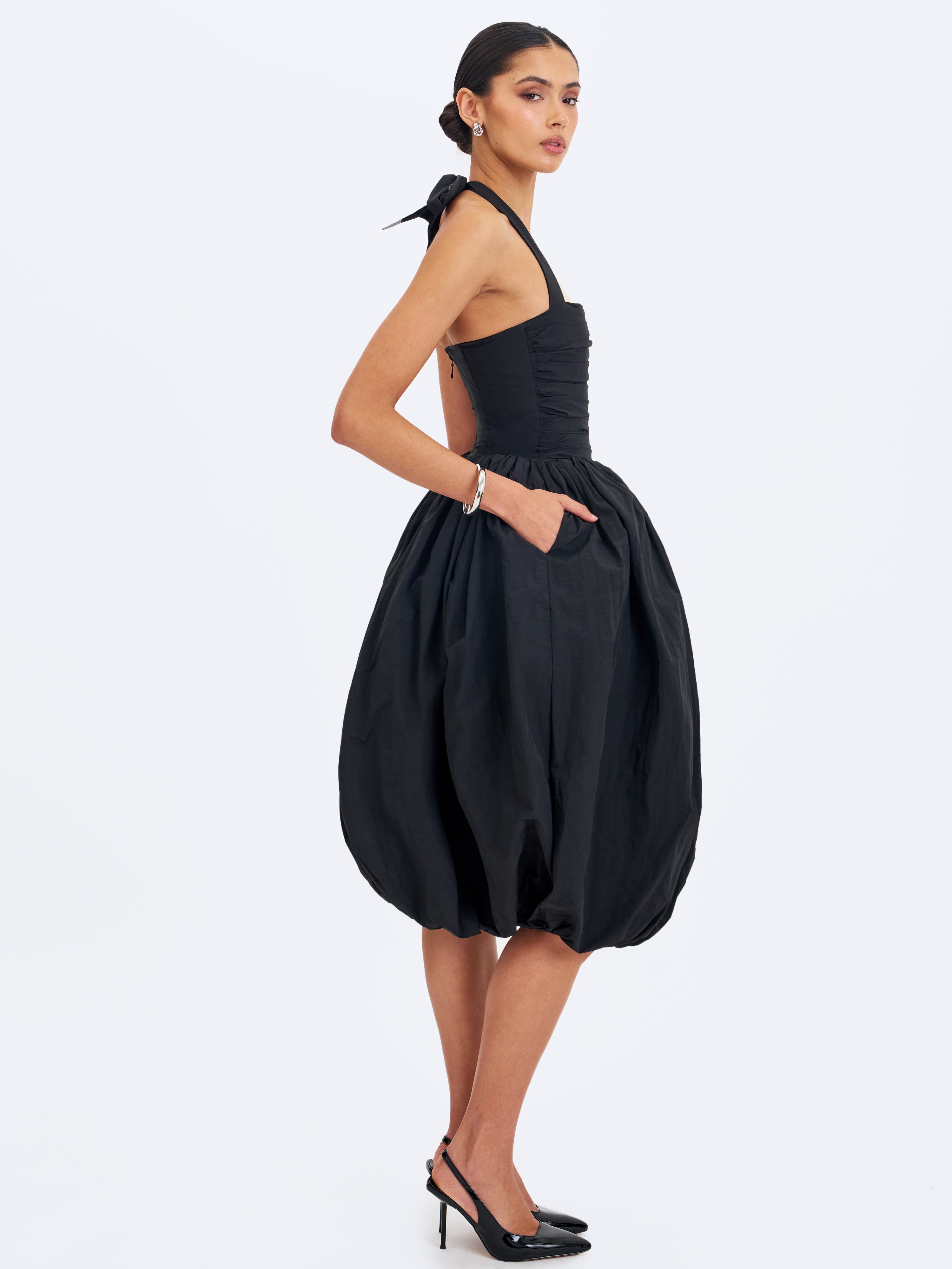 Veradis Black Taffeta Halter Bubble-Hem Midi Dress