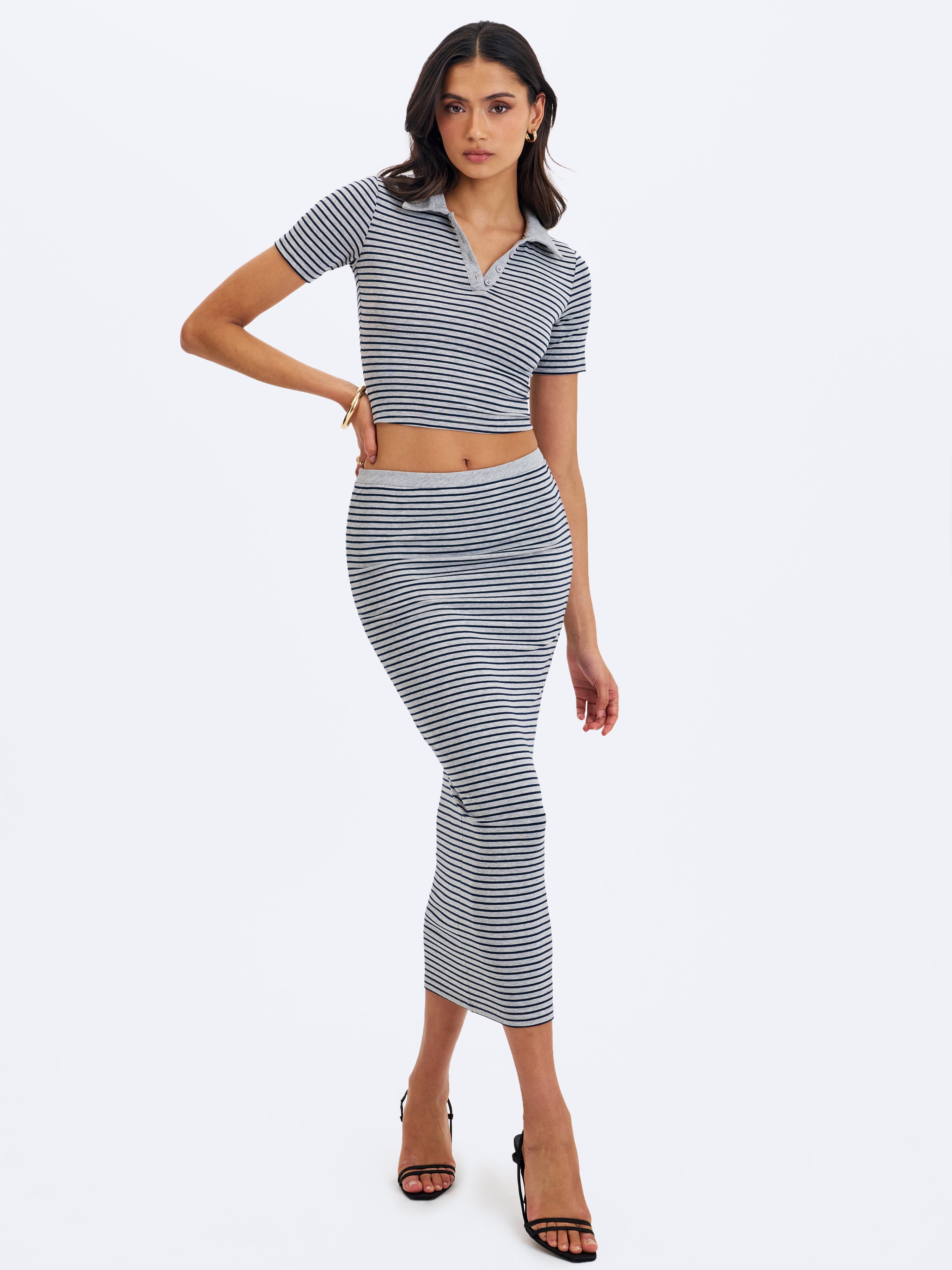 Westlyn Grey & Navy Lyocell Jersey Striped Midi Skirt