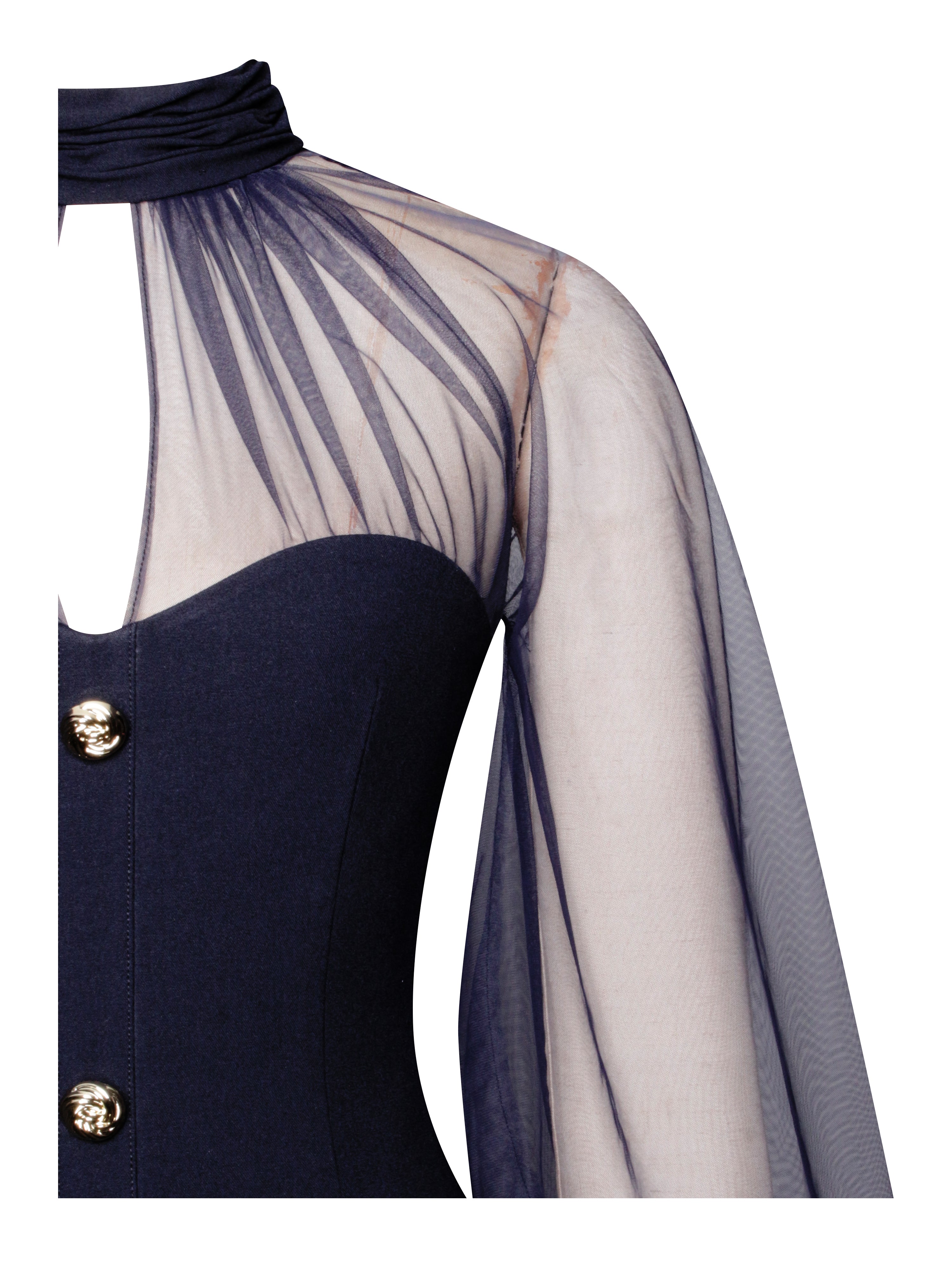 Tabitha Navy Blue Mesh Lantern Sleeve Mini Dress (Archive Sale)