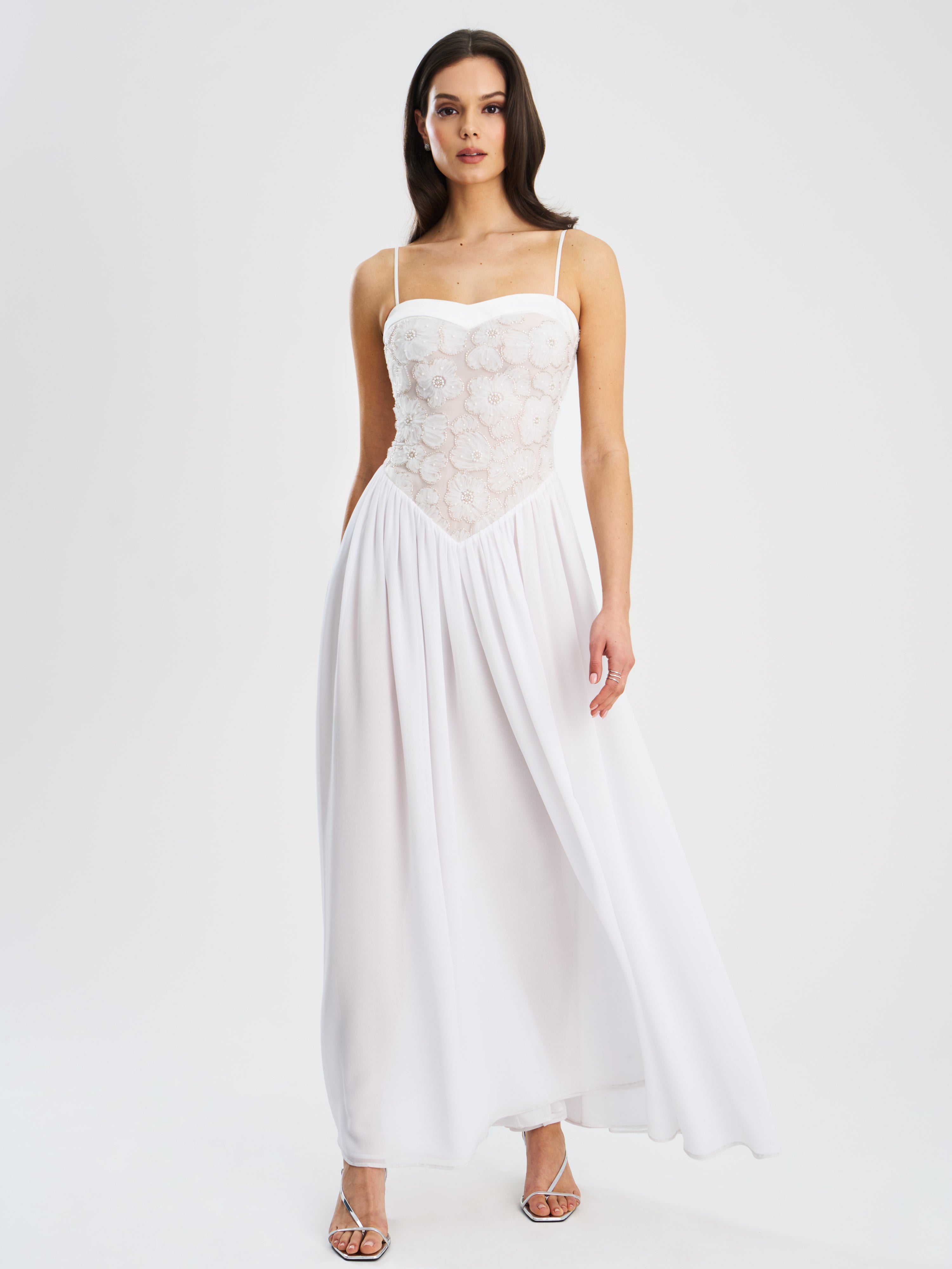 Ucille White Embroidered Chiffon Maxi Dress (Archive Sale)