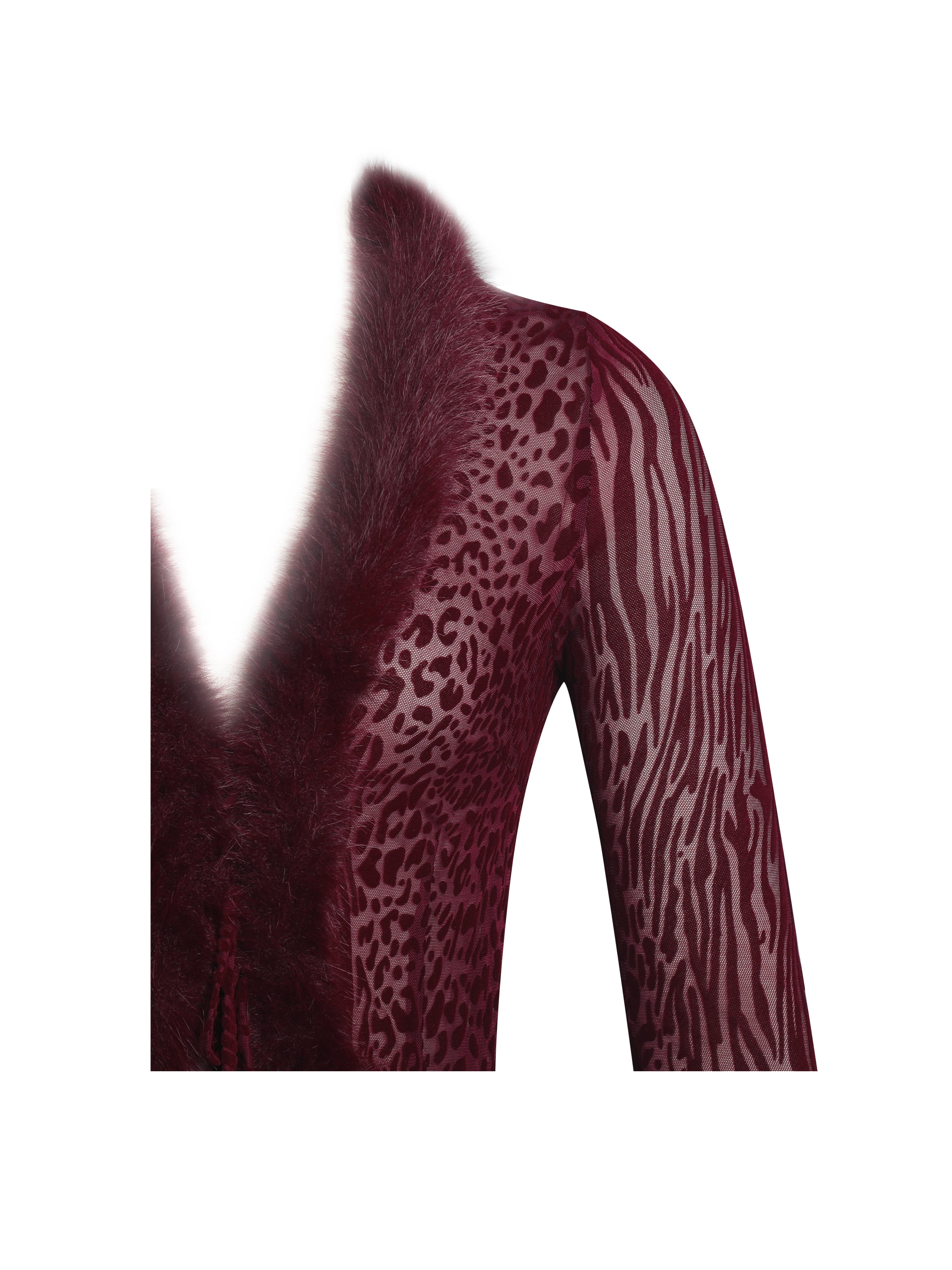 Hali Burgundy Animal Print Burnout Velvet Fur Trim Top