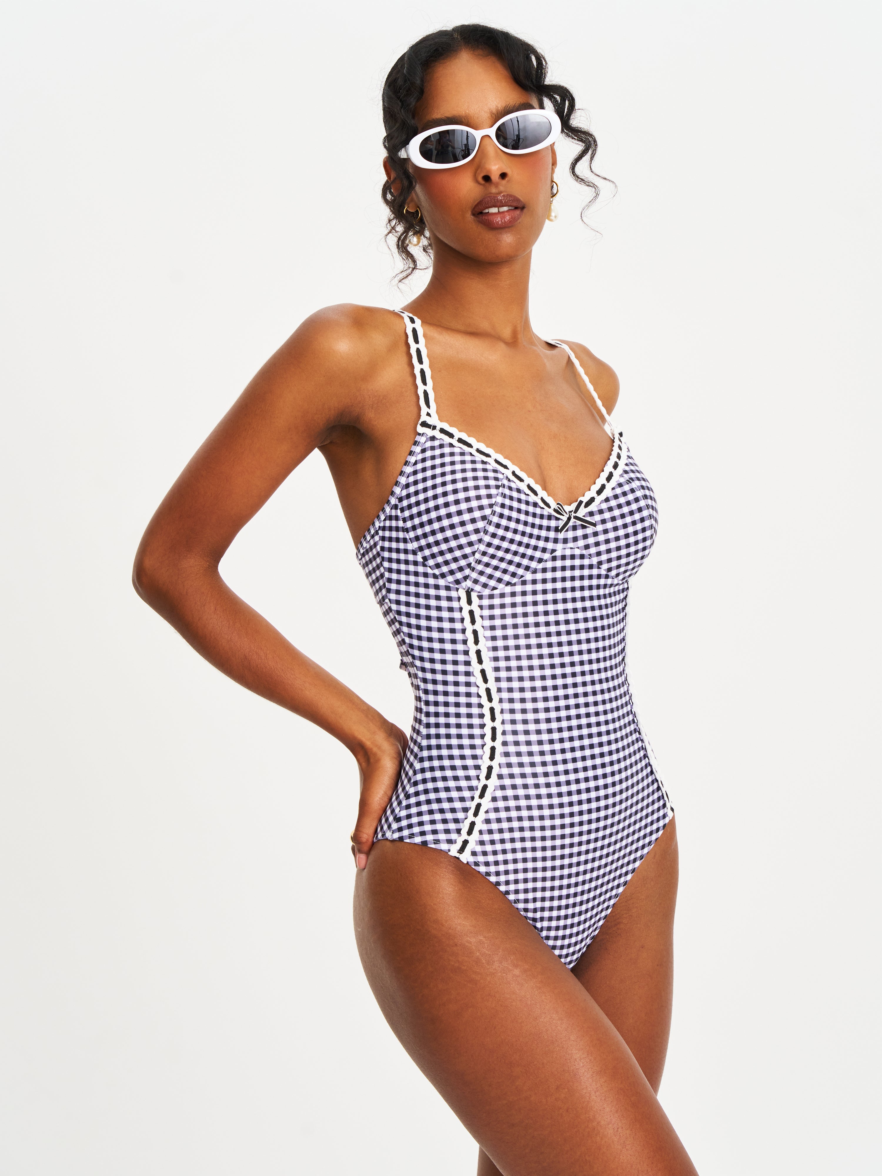 Gigi Black Gingham Lace Strap Backless Swimsuit