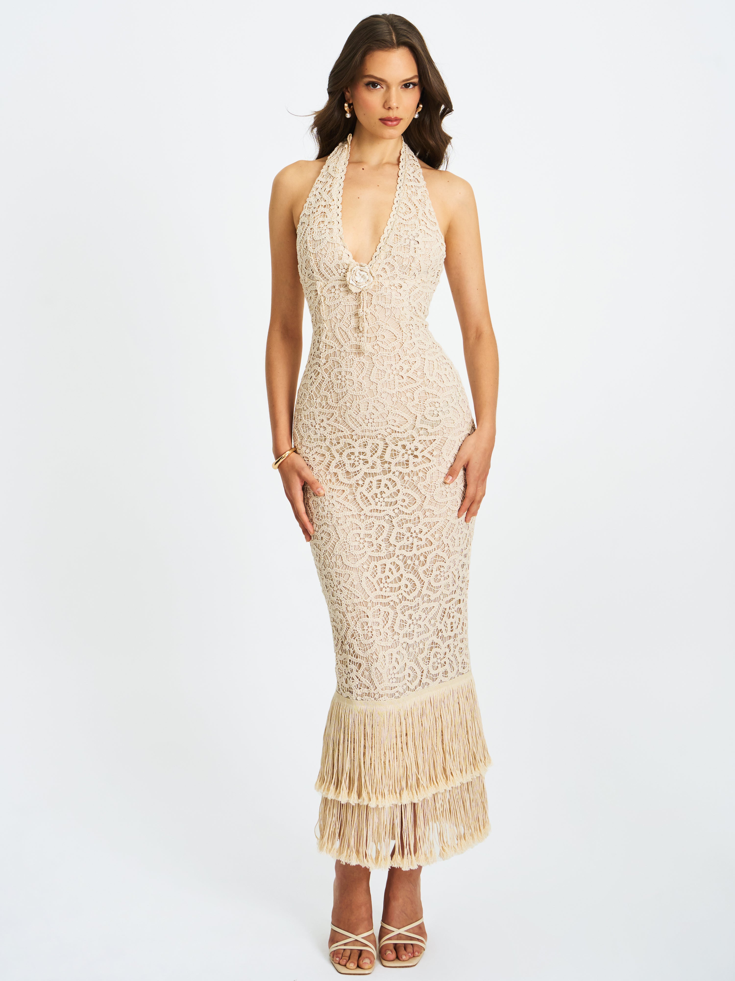 Faelyn Off-White Double Fringe Crochet Halter Maxi Dress