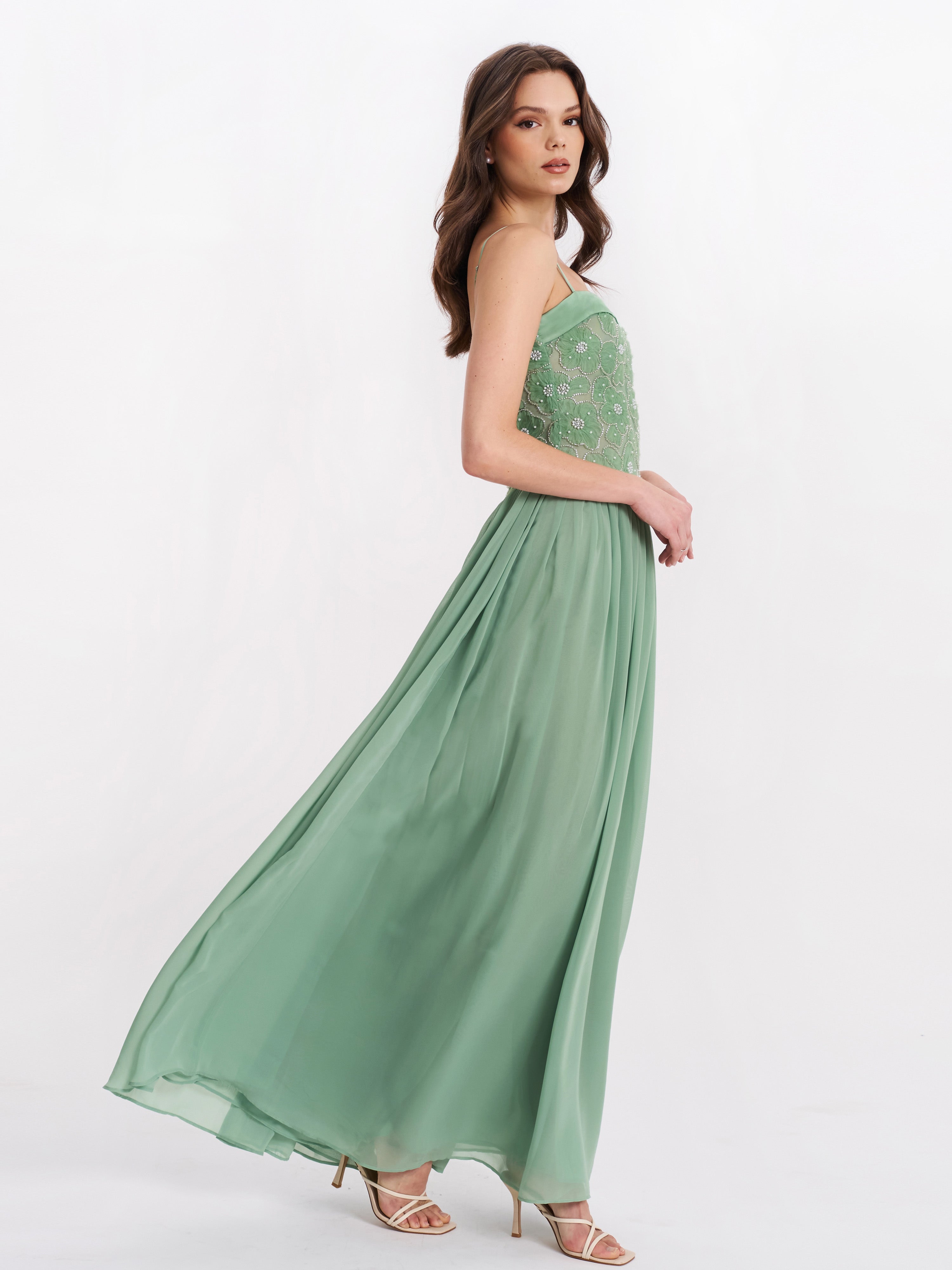 Ucille Sage Green Embroidered Chiffon Maxi Dress (Archive Sale)