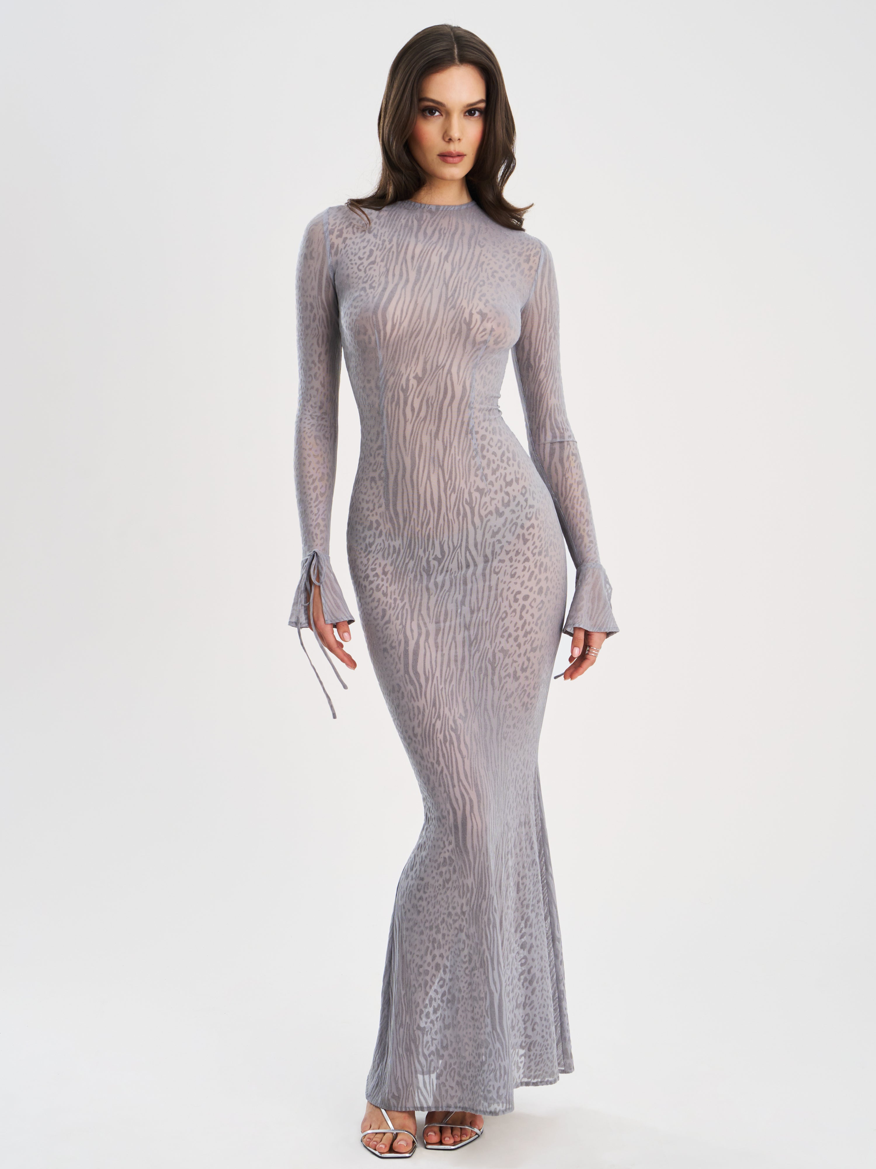 Waylynn Gray Animal Print Burnout Velvet Detail Mesh Backless Maxi Dress