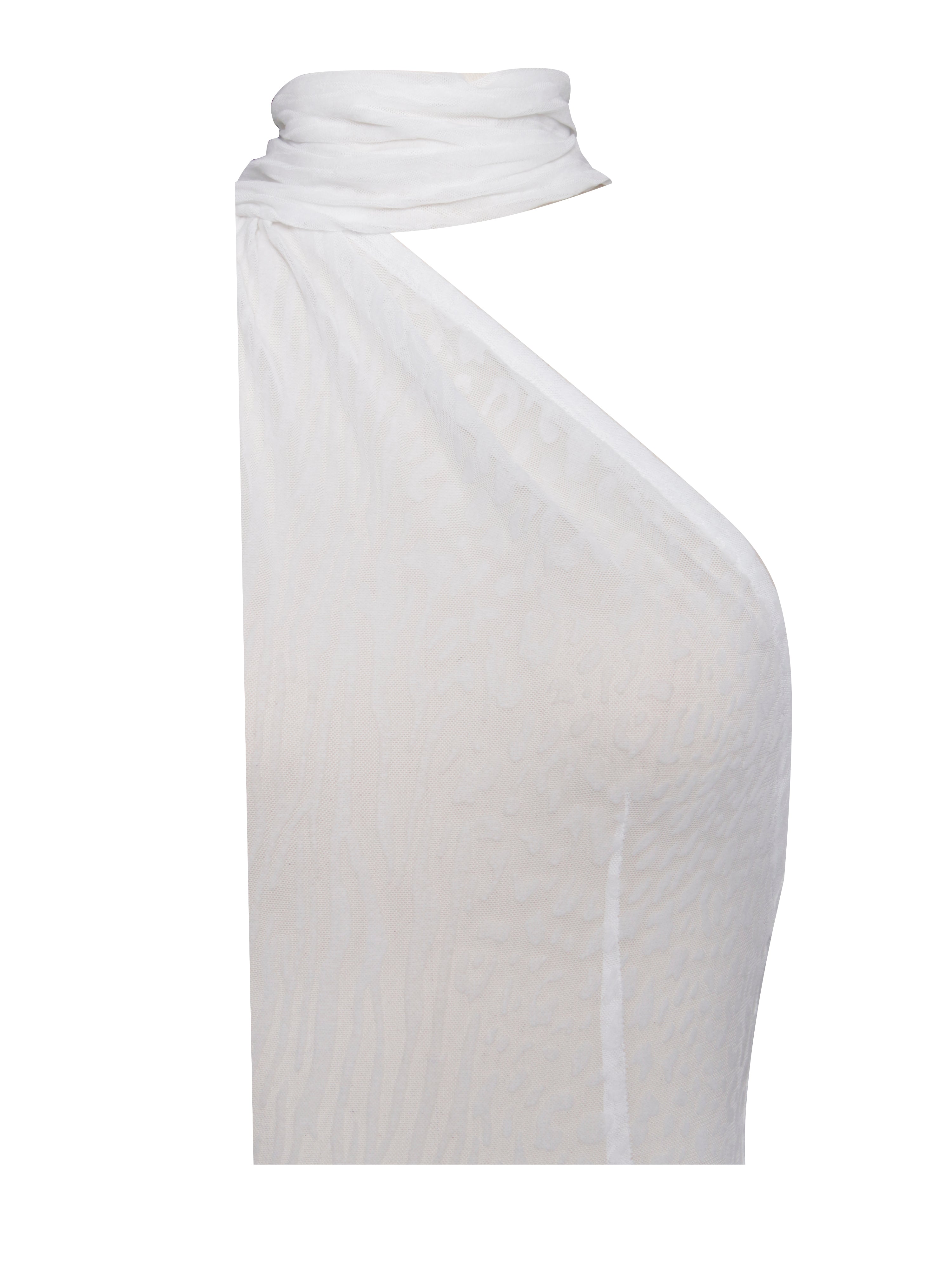 Olena White Burnout Velvet Animal Print Mesh Halter Neck Maxi Dress