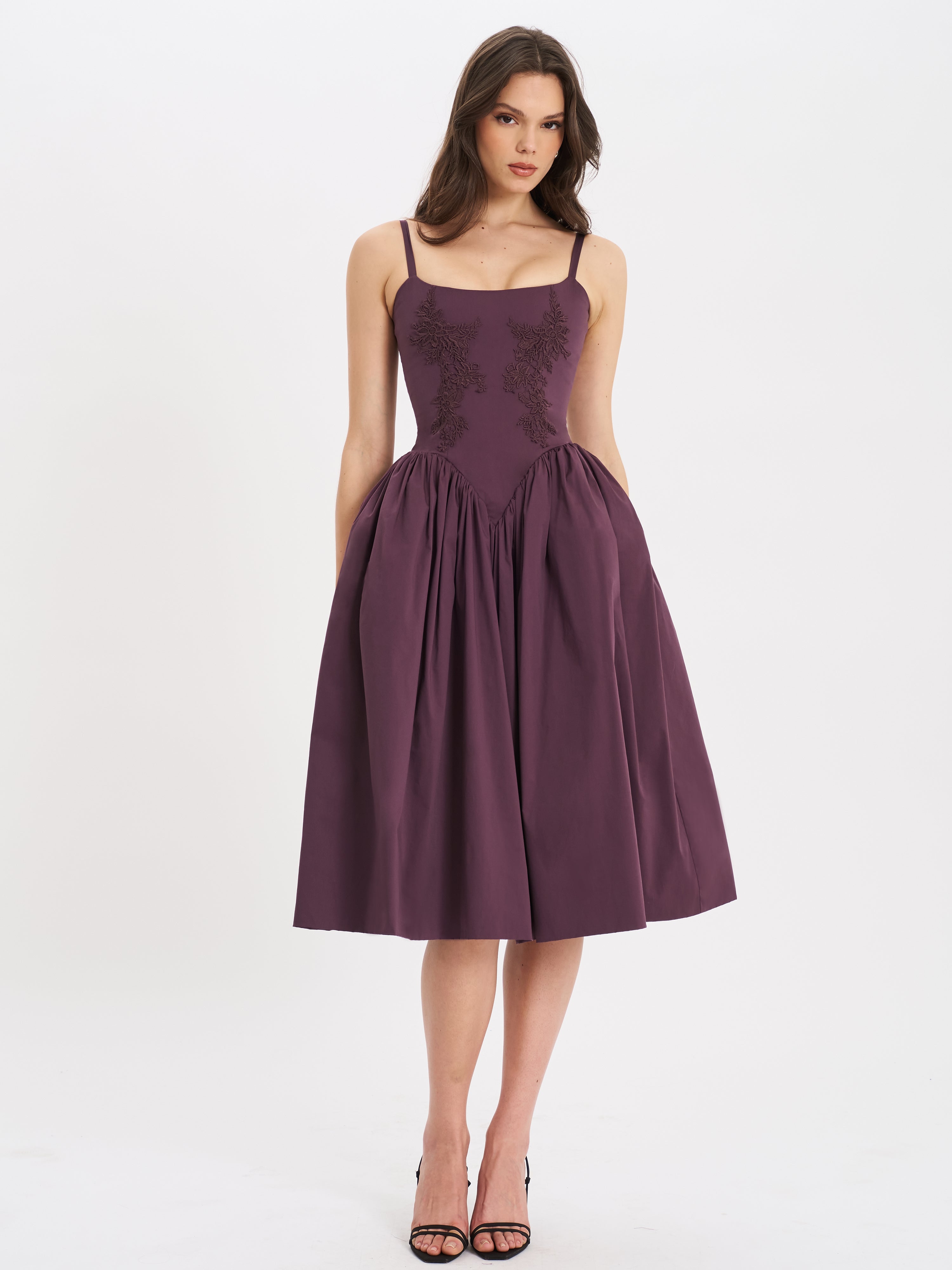Oakleigh Blackberry Purple Cotton Lace-up Back Midi Dress