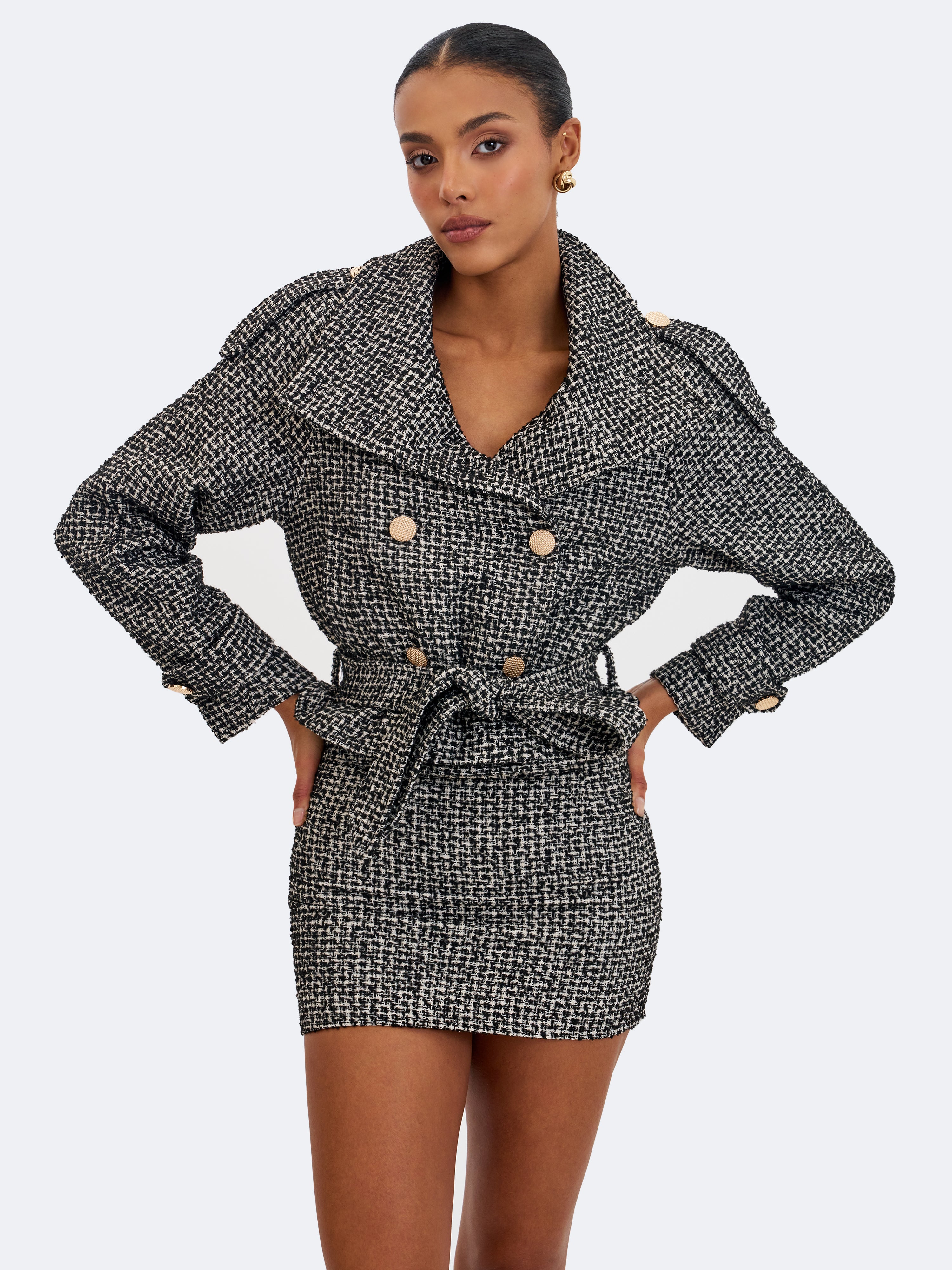 Sadie Black & White Tweed High Collar Belted Mini Jacket
