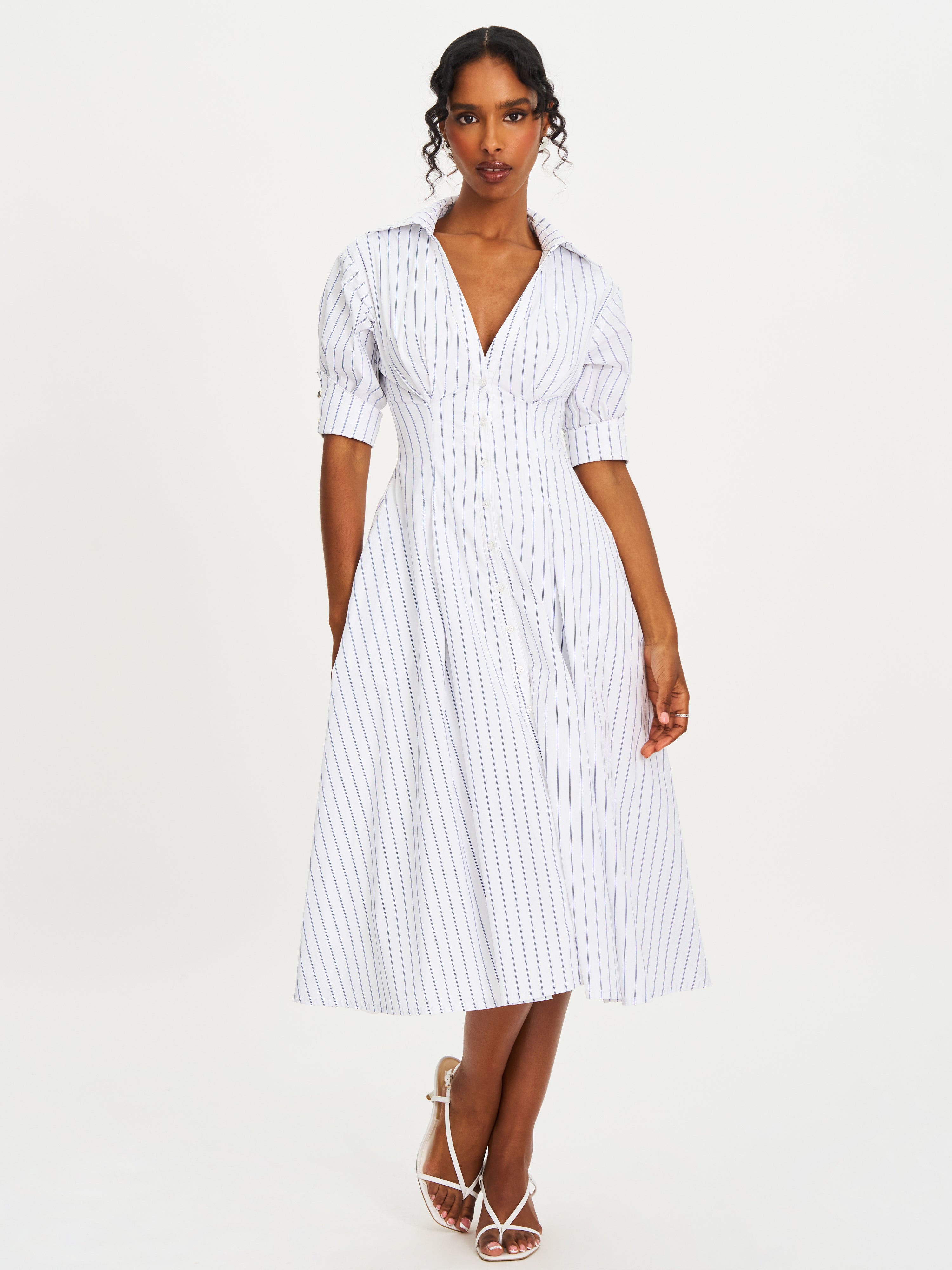 Palina Pinstripes Cotton Poplin Pleated Midi Preppy Shirt Dress