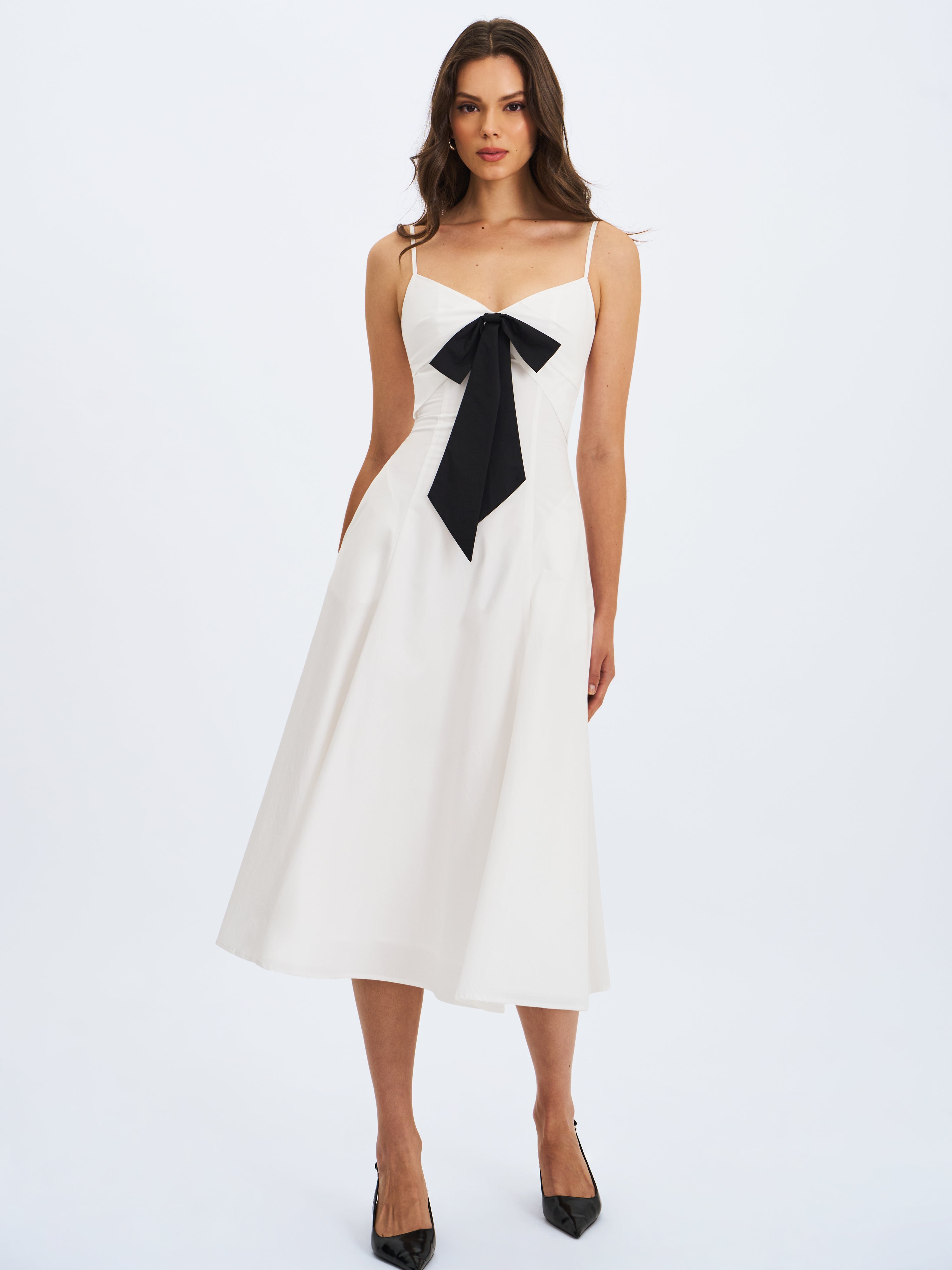 Corinne White Poplin Flared Maxi Dress with Removable Bow