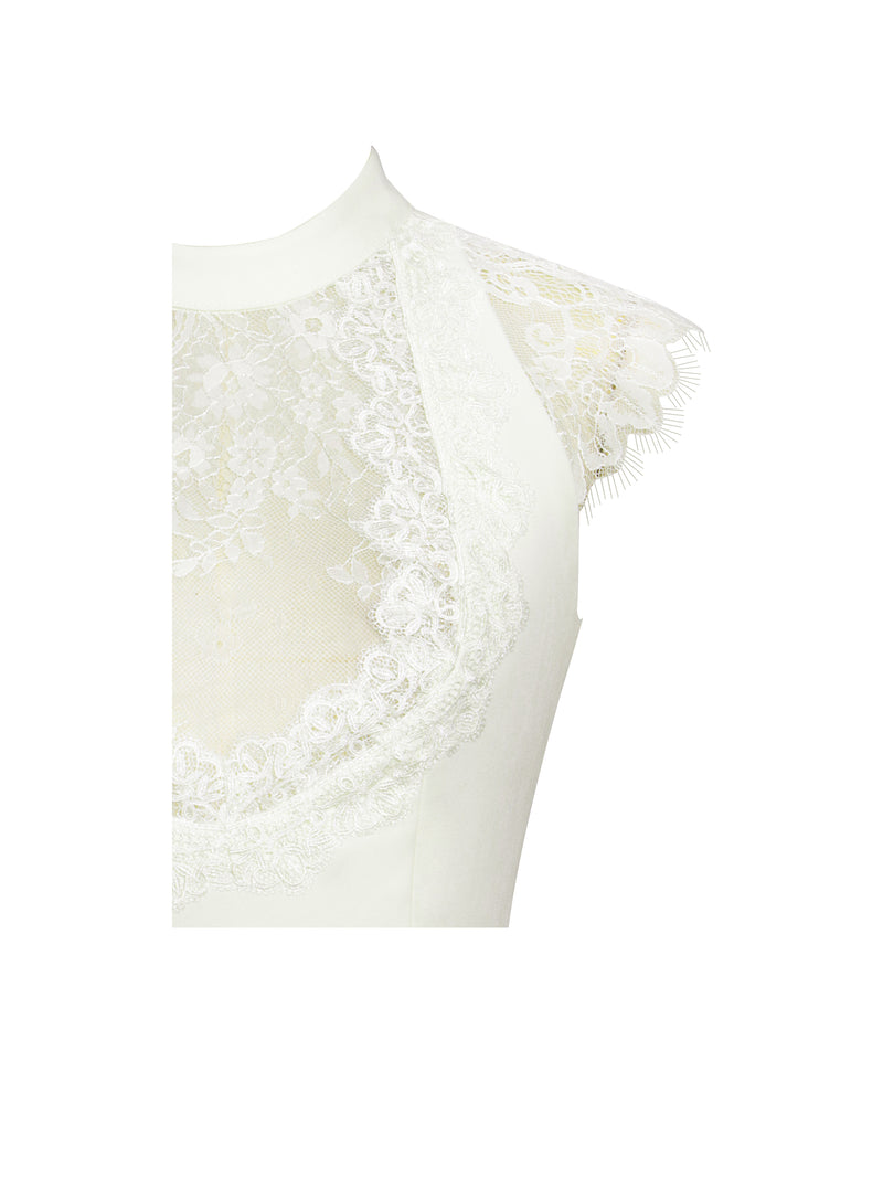 Quinella White Lace Crepe Backless Mini Dress