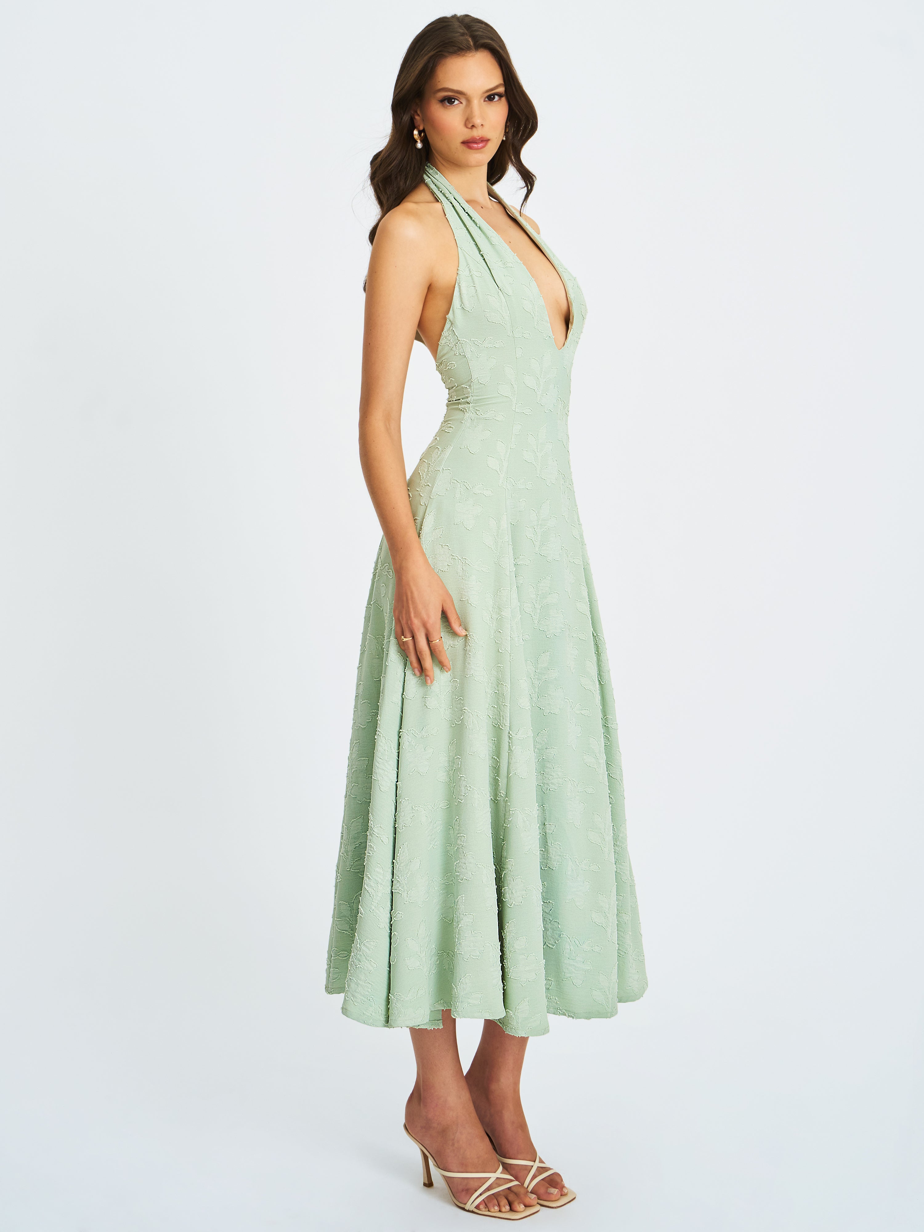 Magda Mint Green Deep V Neck Halter A-line Midi Dress