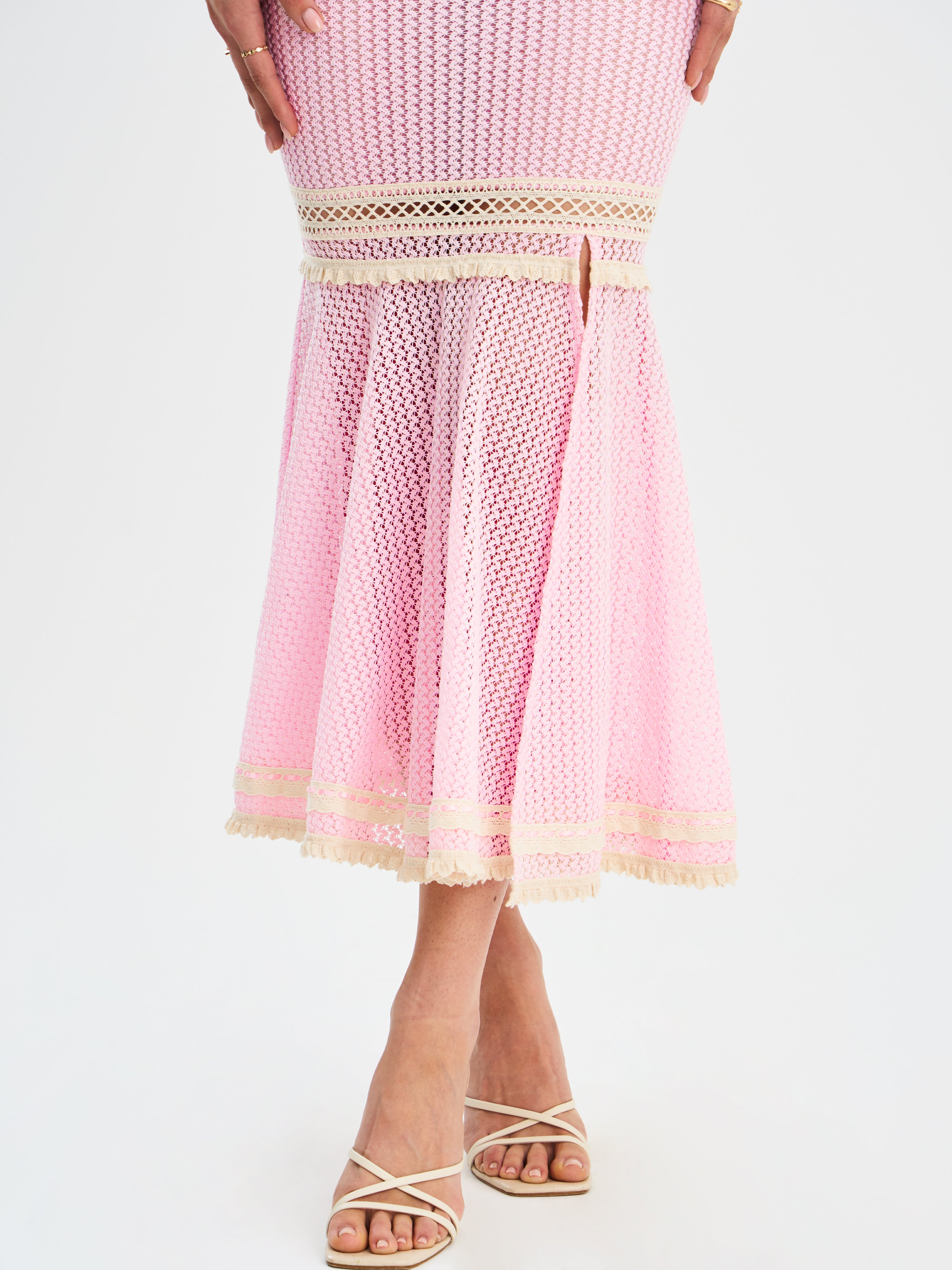 Pallas Pink Lace Trim Crochet Mermaid Maxi Dress