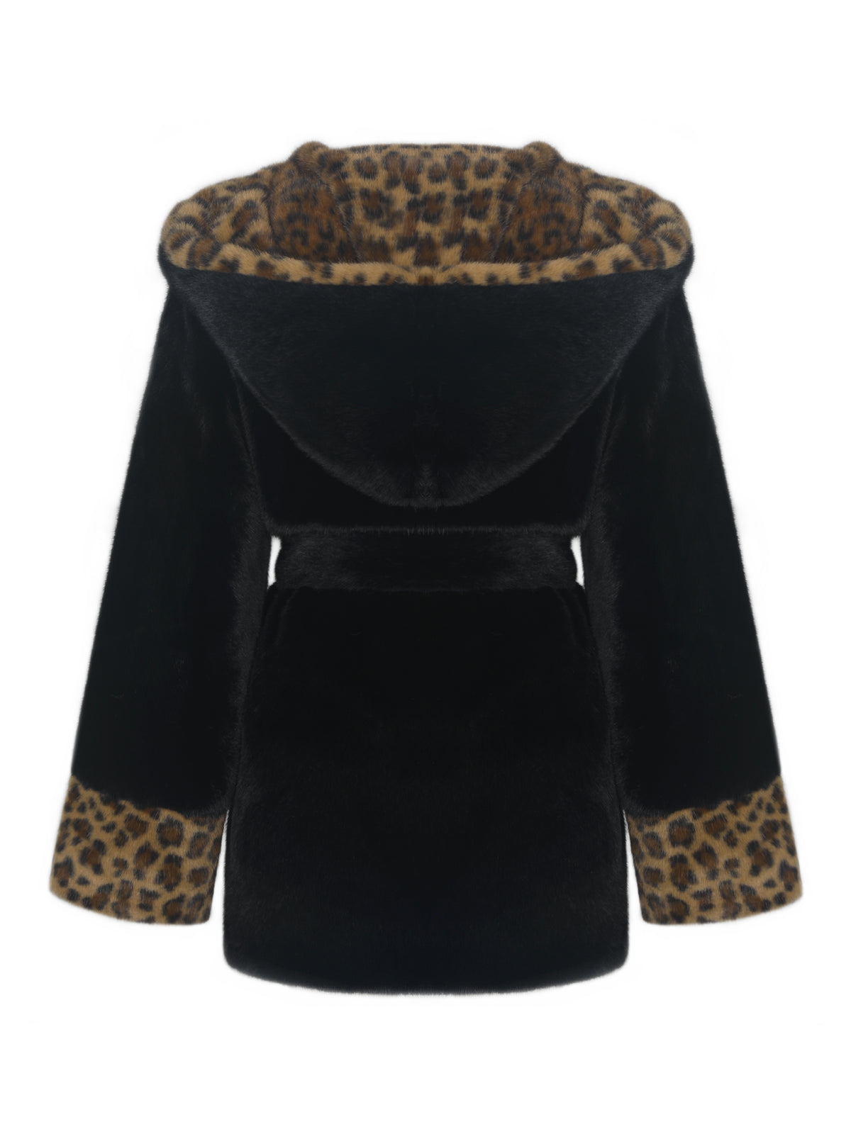 Bianca Black Faux Fur Cheetah Print Oversized Hood Mini Coat