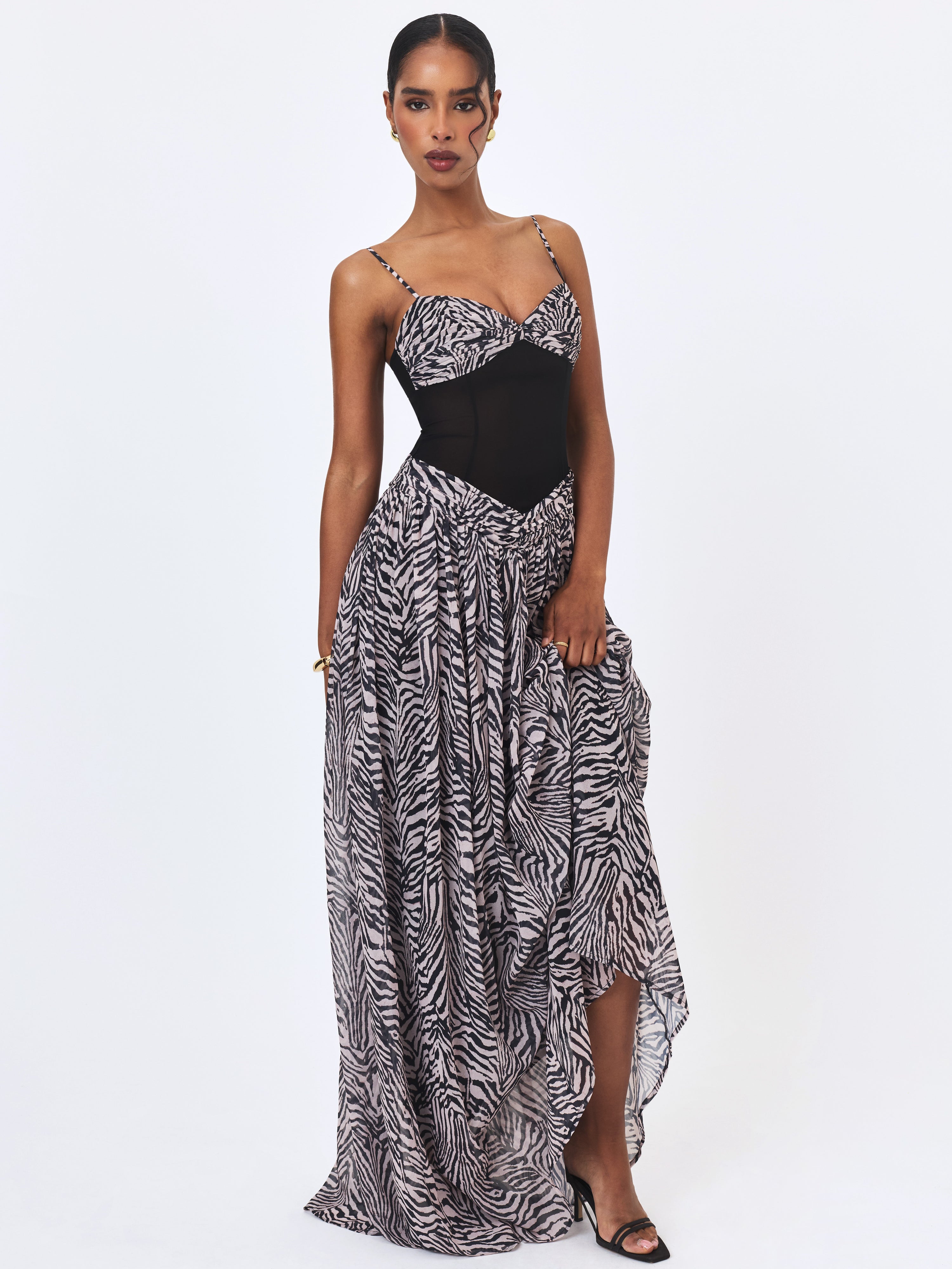 Onora Zebra Print Chiffon Dipped Waist Maxi Dress