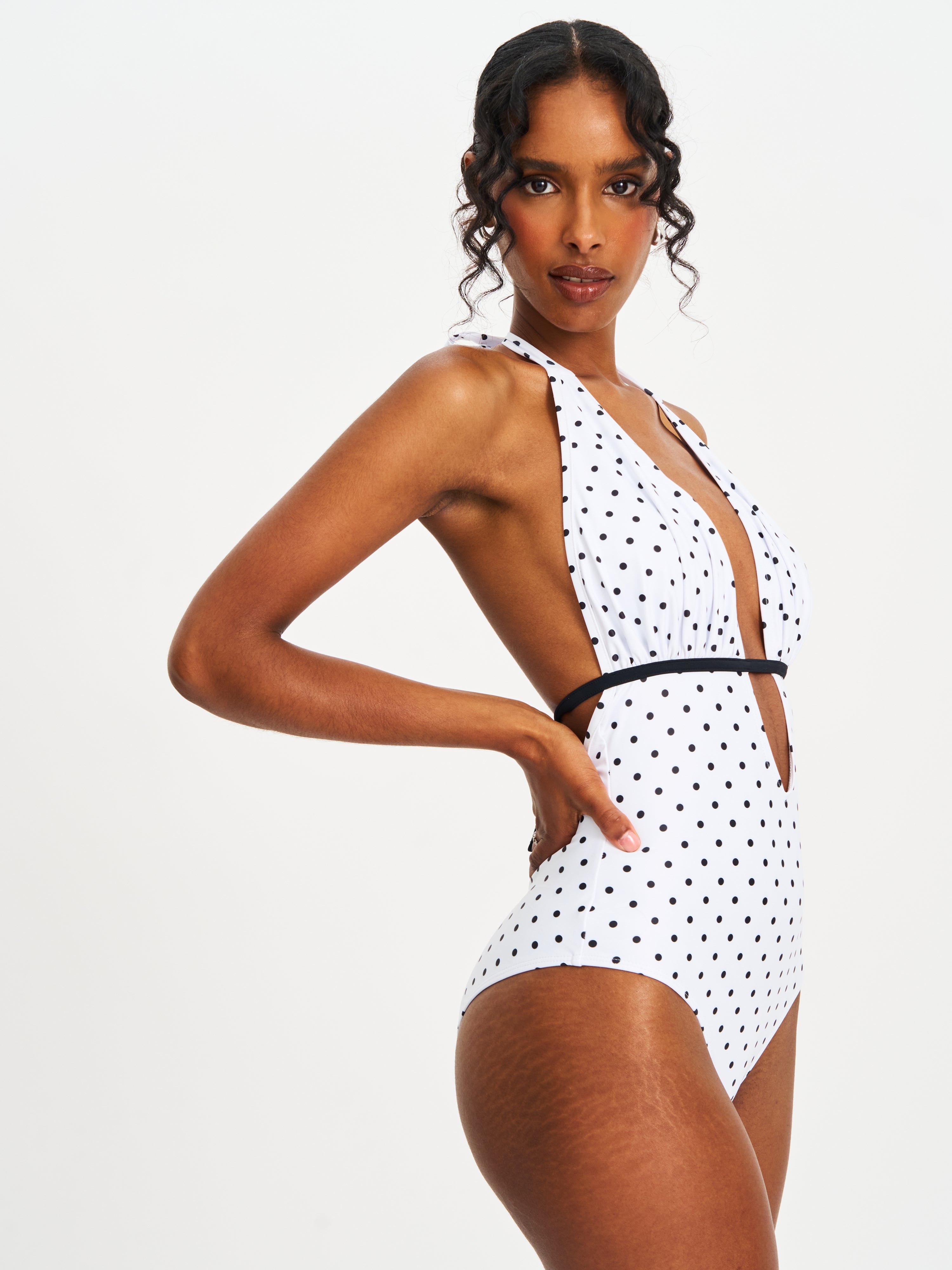 Olive White Base Polka Dot Ruched Breast Halter Backless Swimsuit