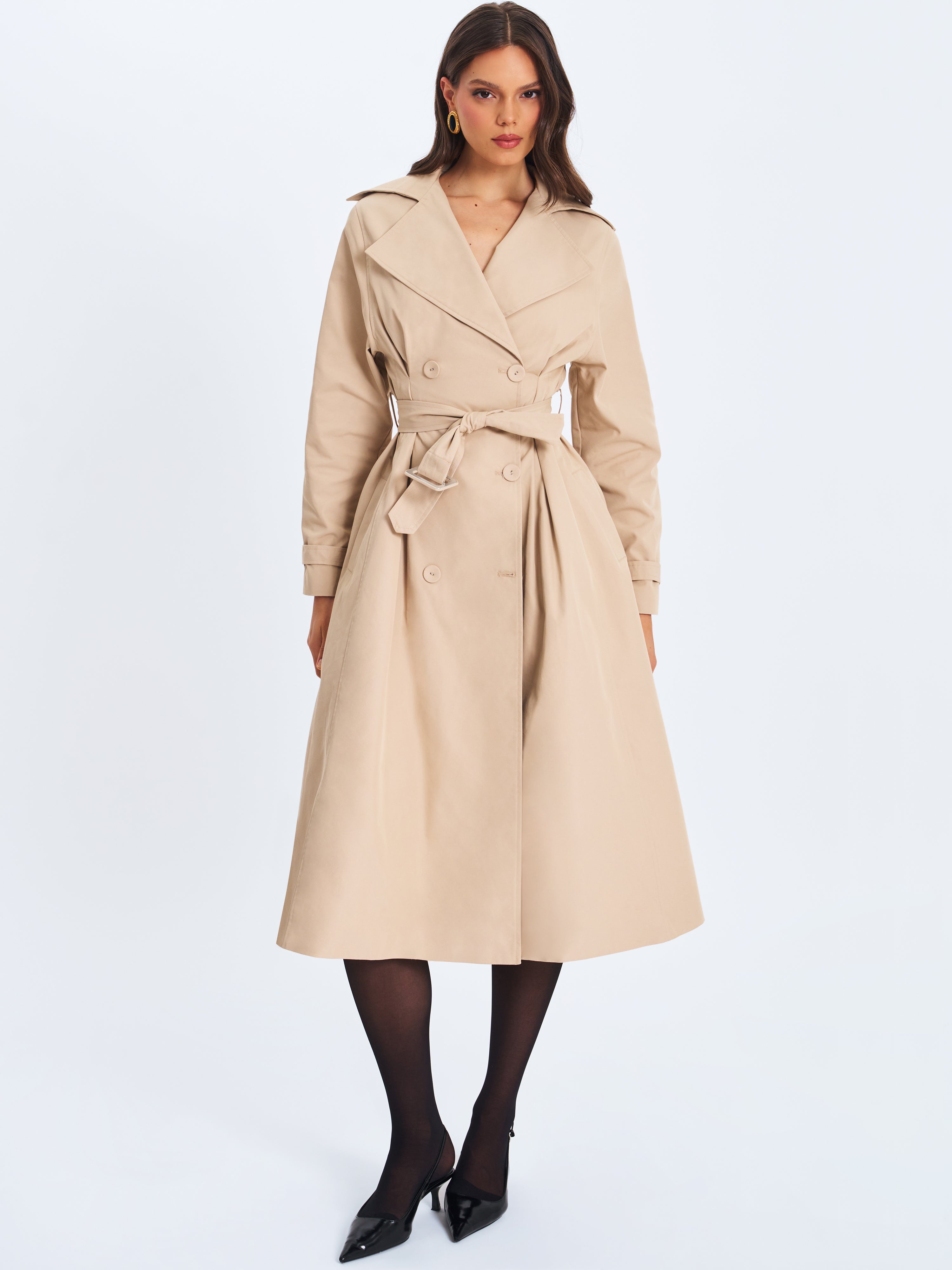 Ulila Beige Double-Breasted Pleated Cotton-Blend Trench Coat