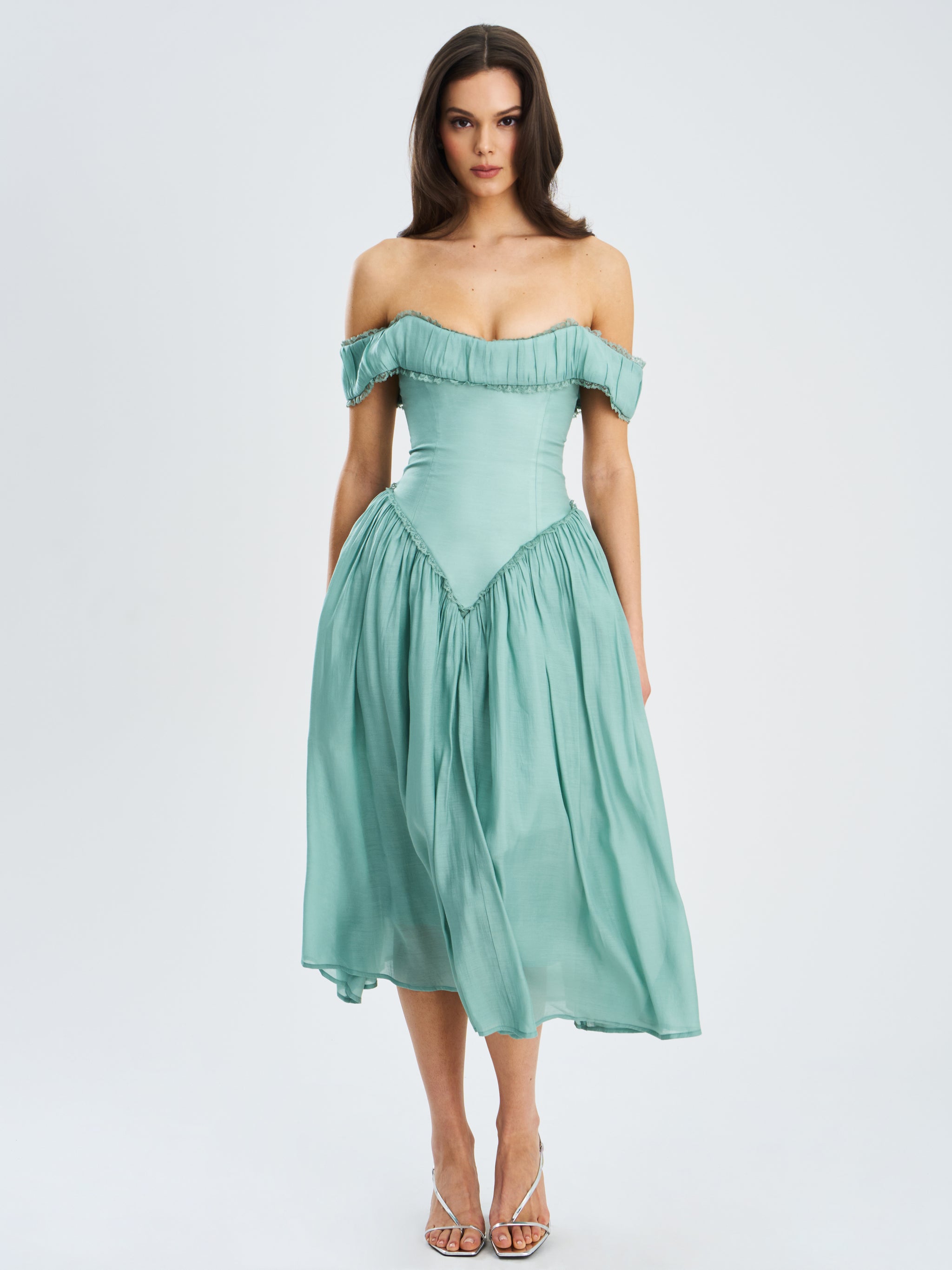 Xavy Teal Green Off Shoulder Corset Midi Dress Xavy Teal Green Off Shoulder Corset Midi Dress