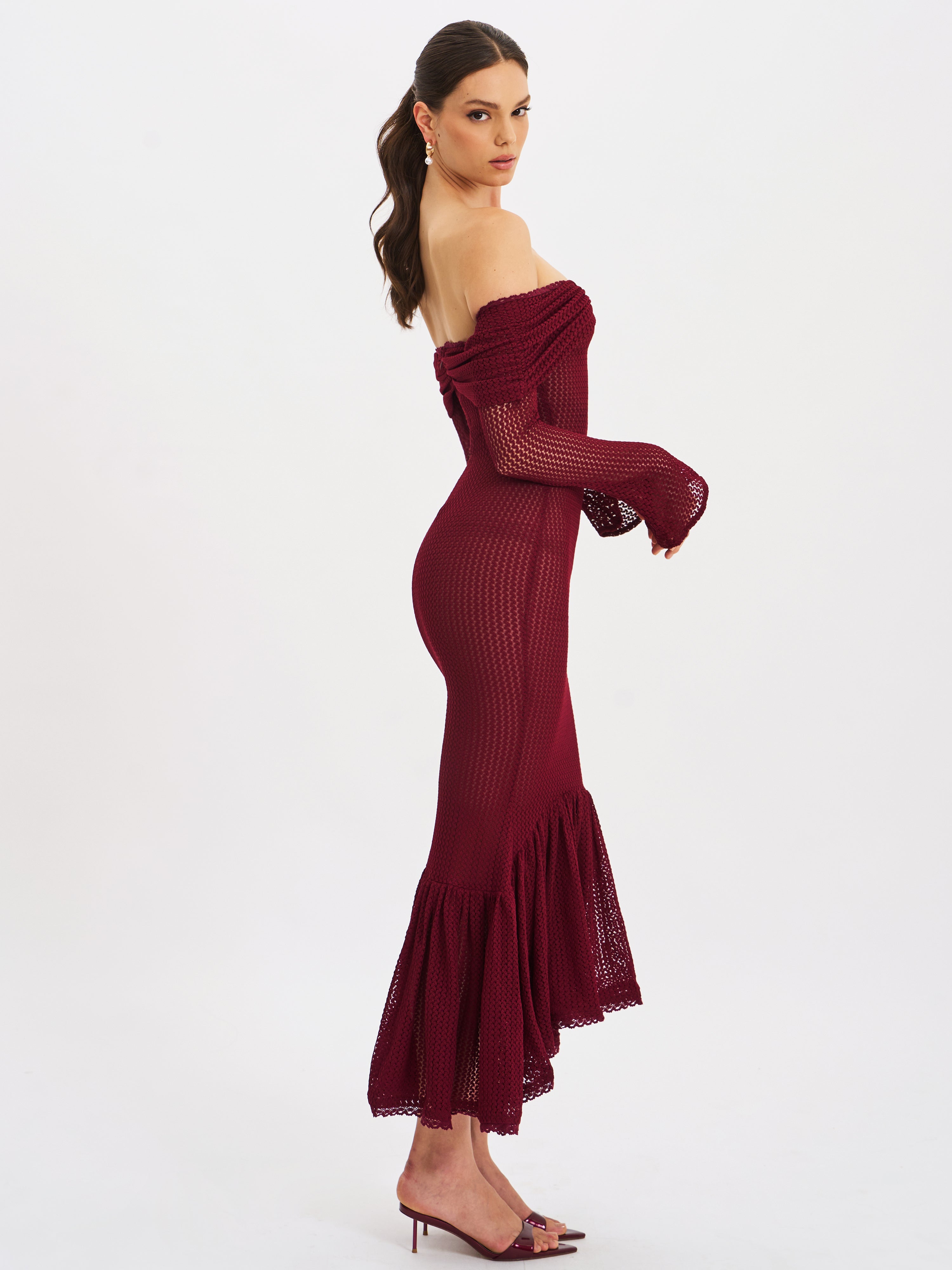 Kaedyn Burgundy Off Shoulder Long Sleeve Crochet Mermaid Maxi Dress