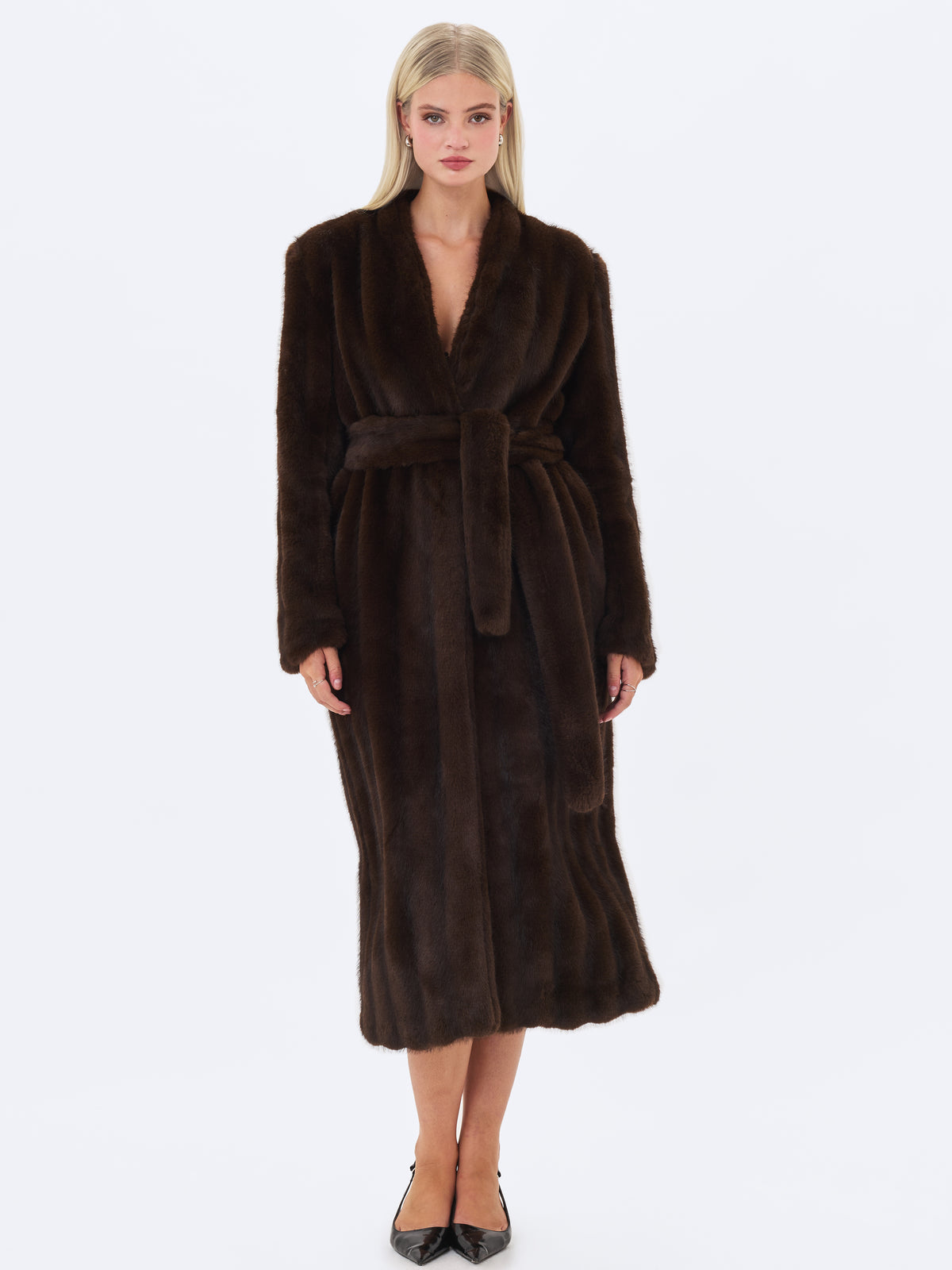 Celine Espresso Faux Mink Belted Longline Coat