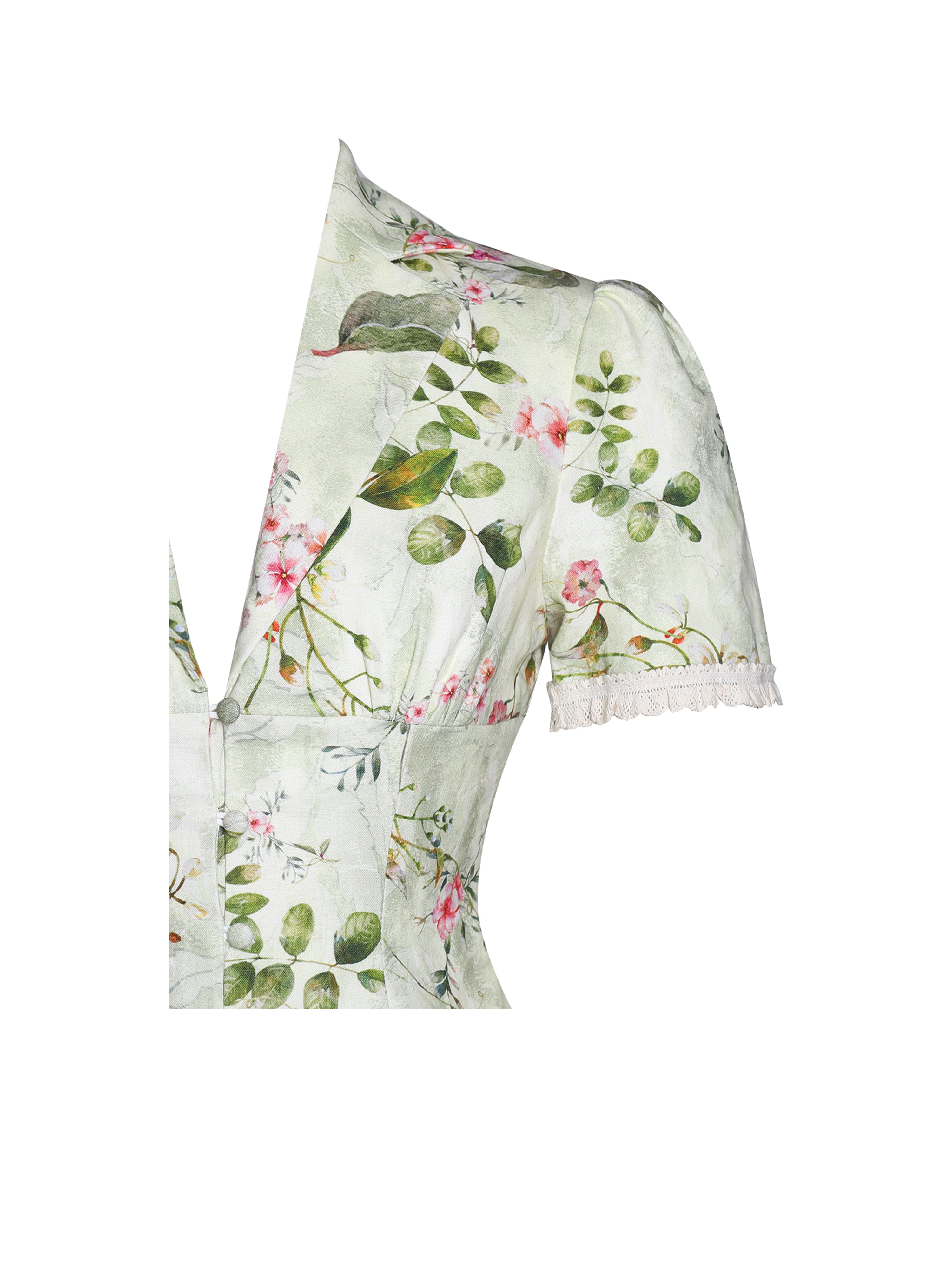 Zanella Green Floral Print Lace Trim Linen Top