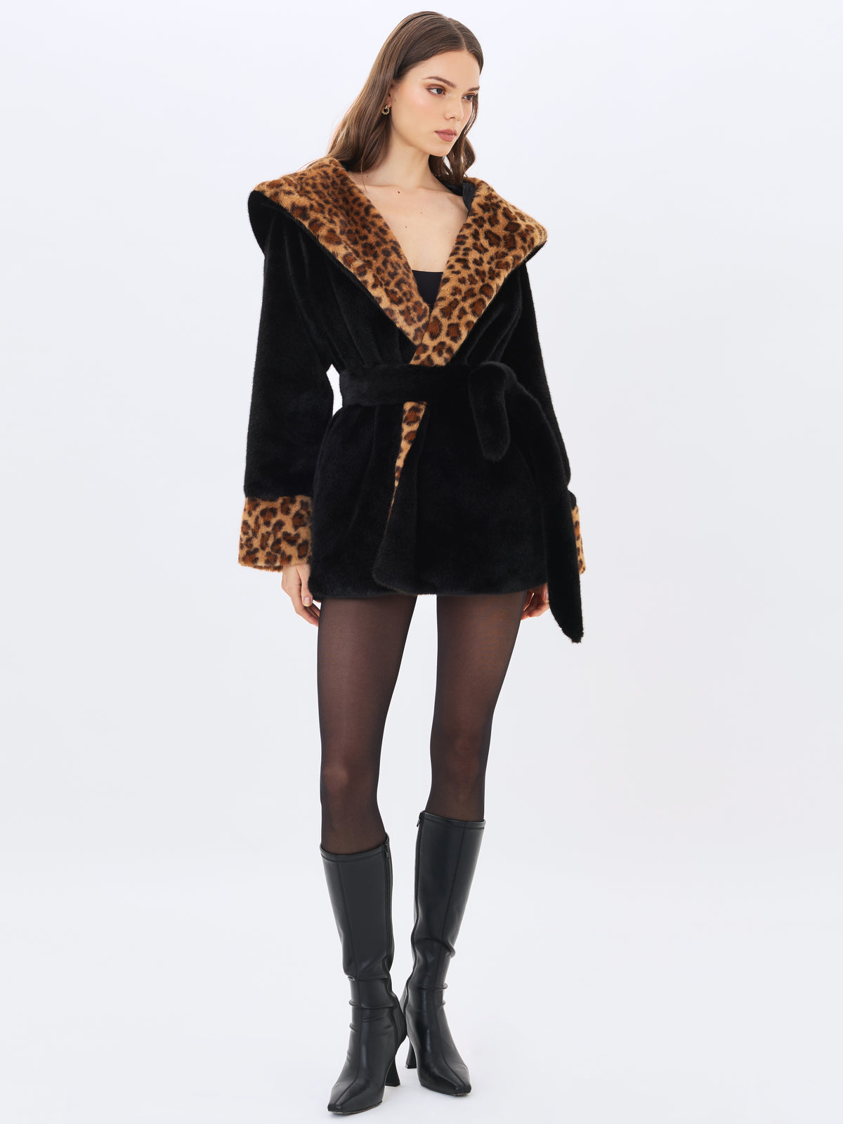 Bianca Black Faux Fur Cheetah Print Oversized Hood Mini Coat