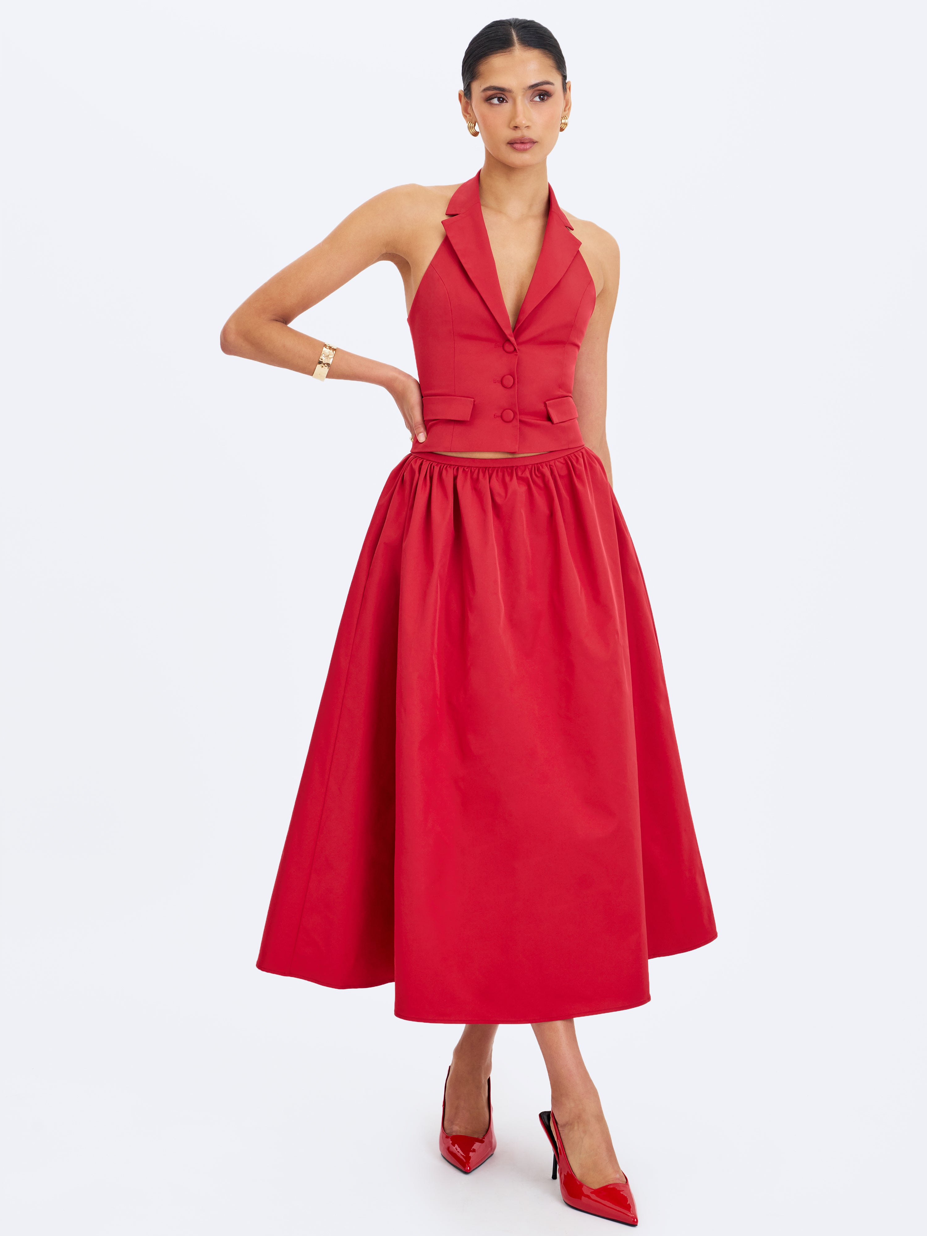 Ursella Crimson Halter Single-Breasted Lapel Top