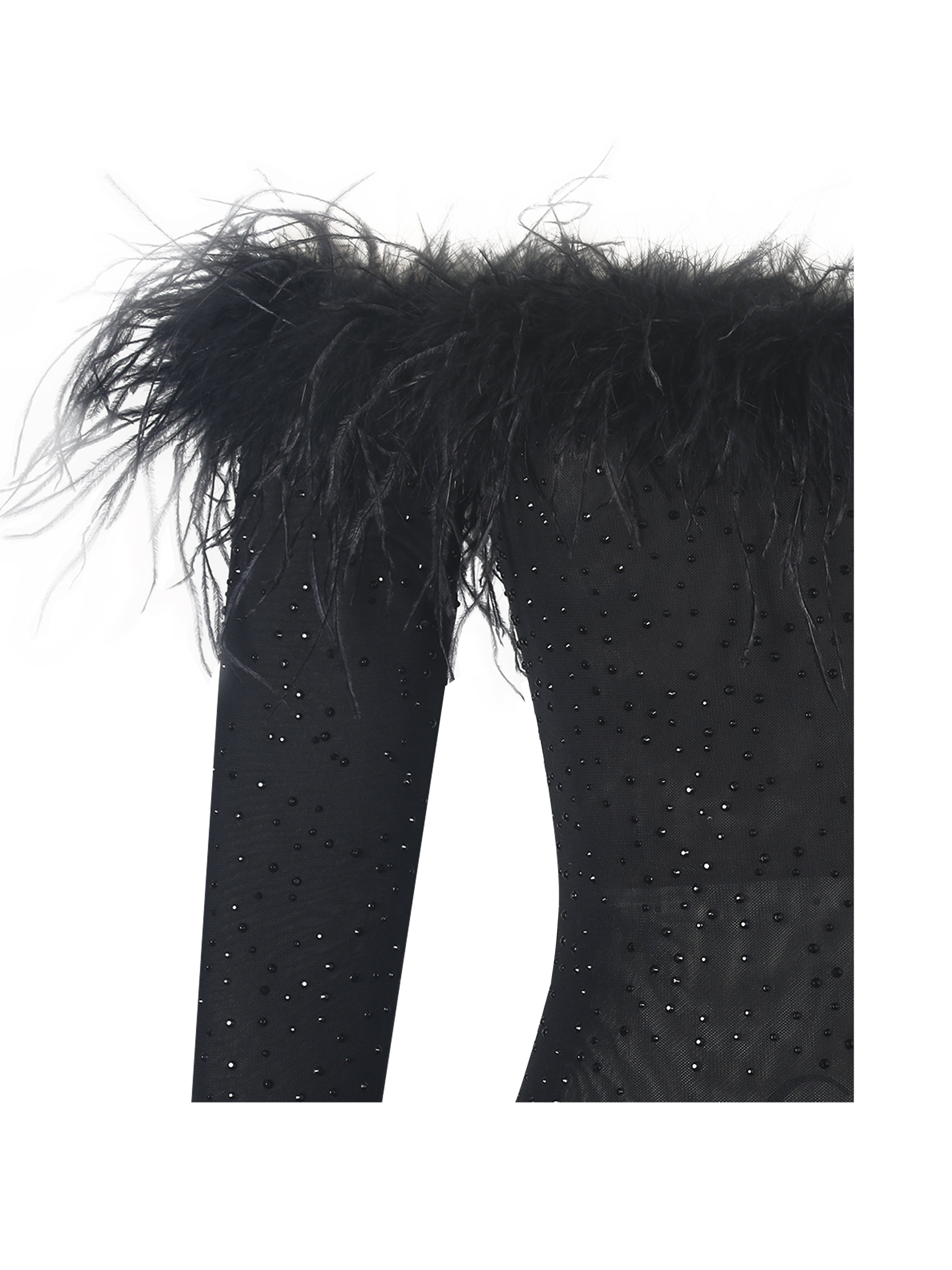 Emberly Black Fur Trimmed Off-Shoulder Rhinestone Mesh Mermaid Dress